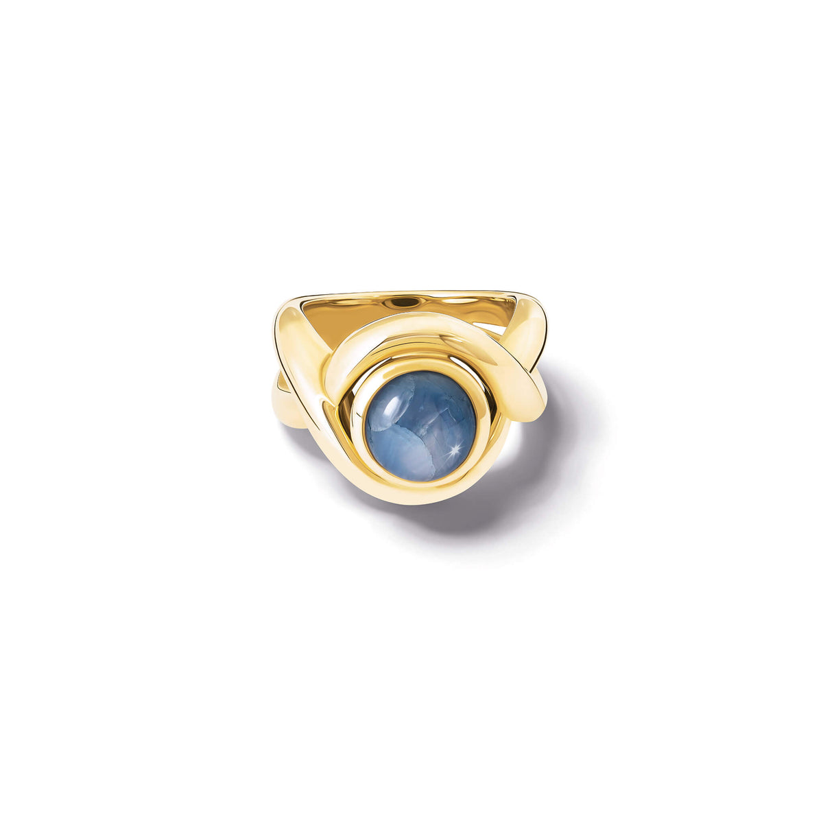 Handcrafted 9ct yellow gold ring featuring curved shanks with a round cabochon star sapphire, September birthstone.