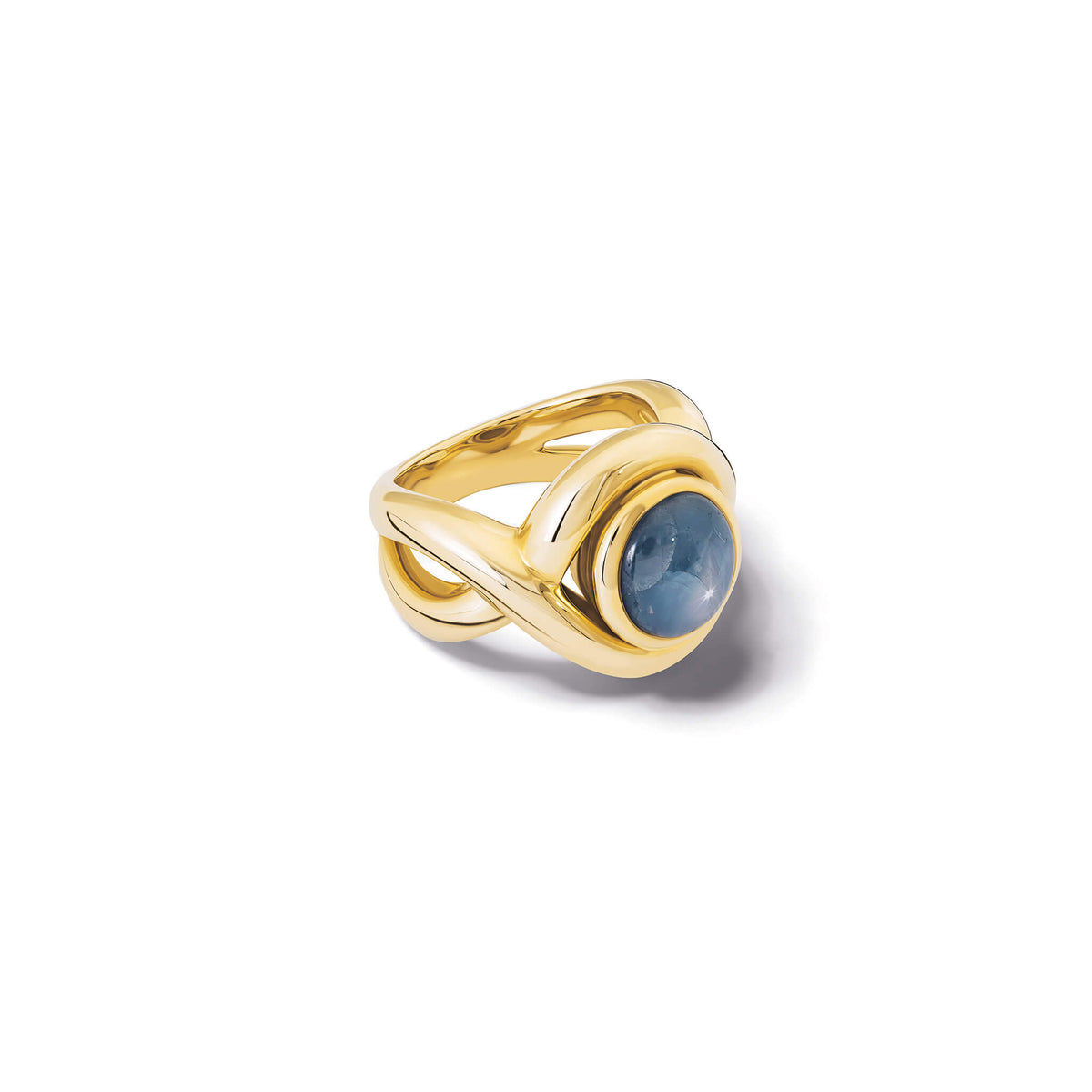 Handcrafted 9ct yellow gold ring featuring curved shanks with a round cabochon star sapphire, September birthstone.