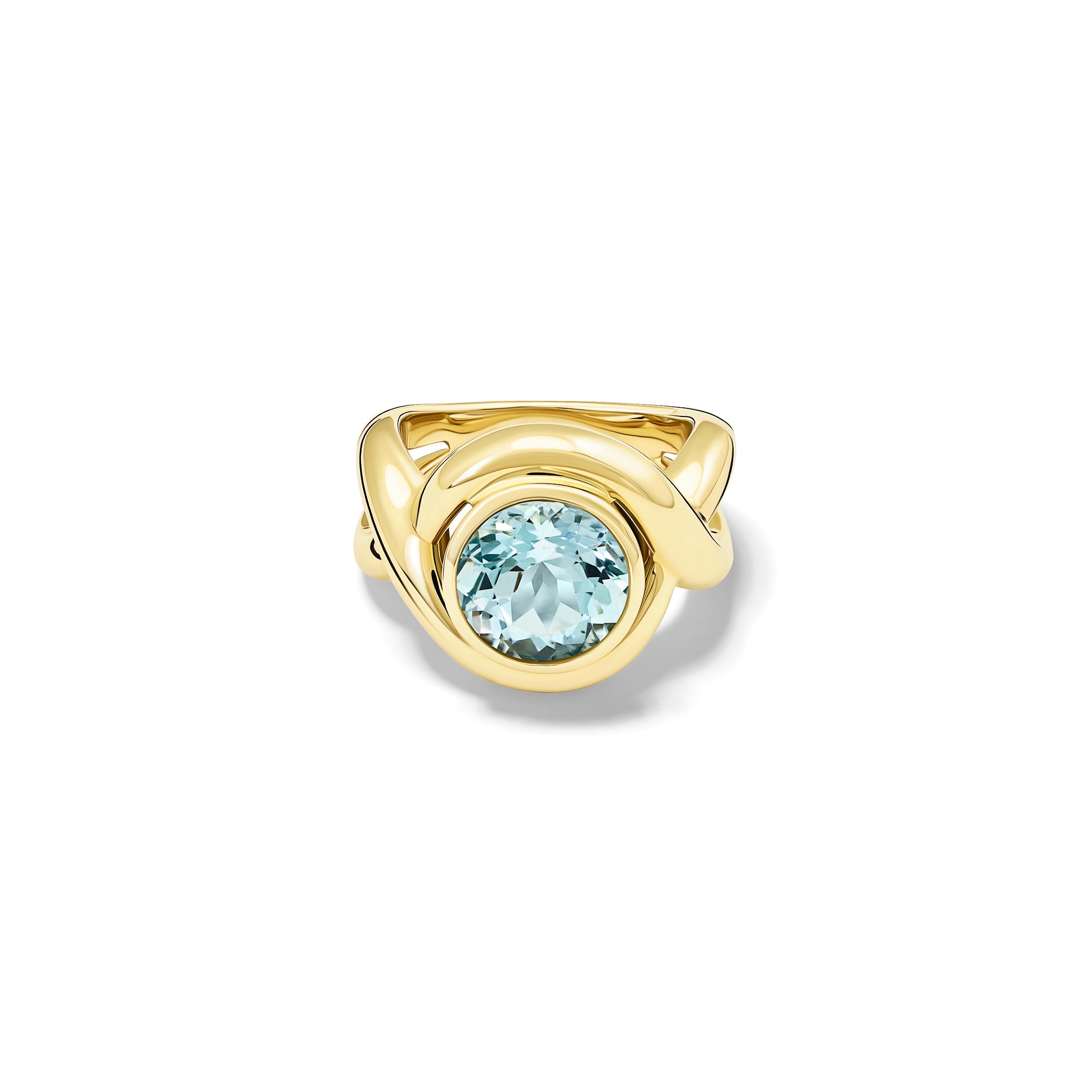 Handcrafted yellow gold ring featuring curved shanks with a round blue topaz, birthstone of November.