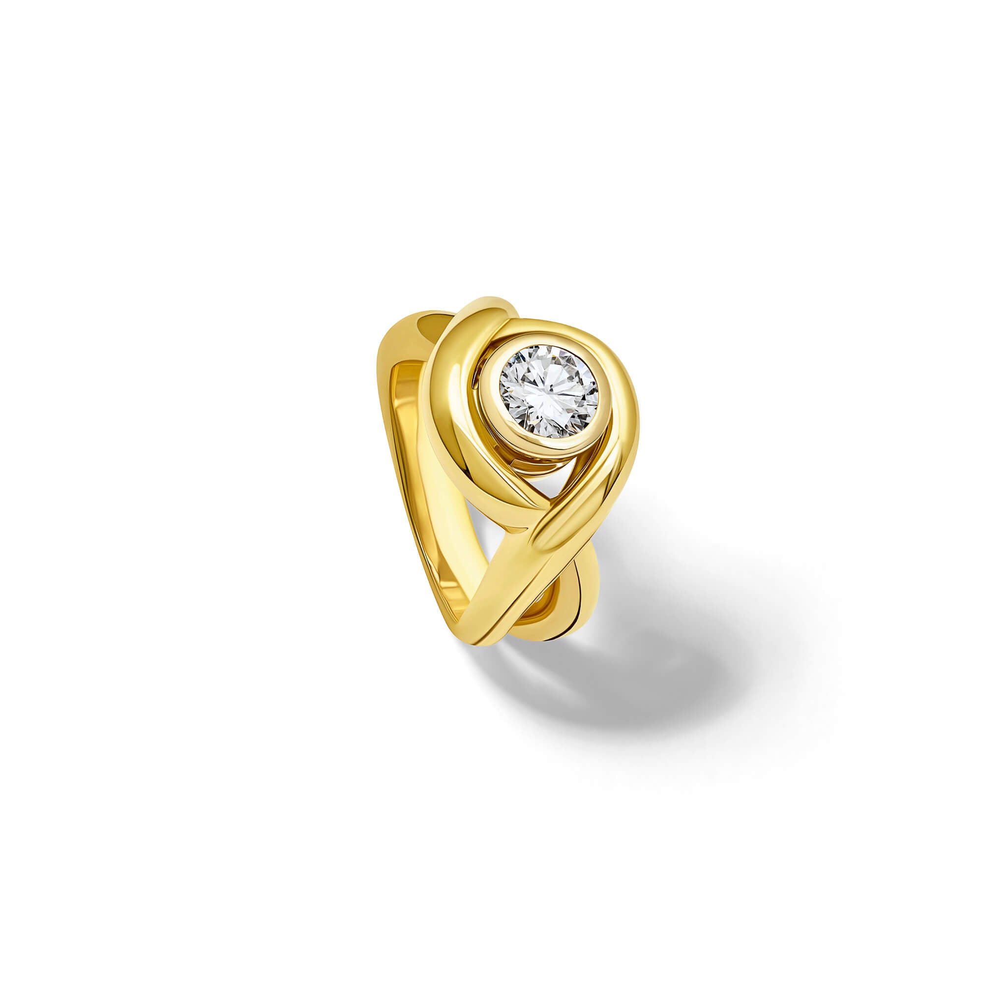 Handcrafted 18ct yellow gold ring featuring curved shanks with a round diamond, birthstone of april.