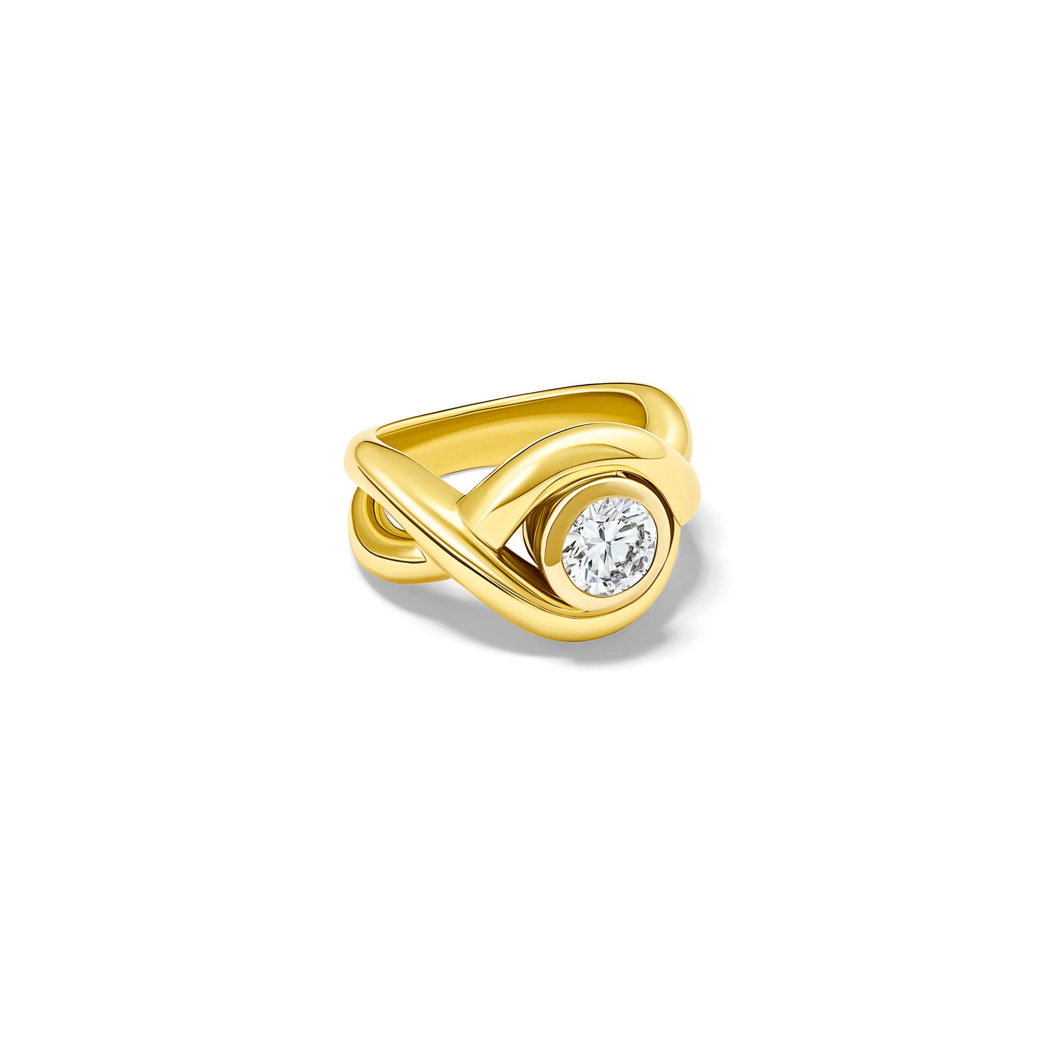 Handcrafted 18ct yellow gold ring featuring curved shanks with a round diamond, birthstone of april.