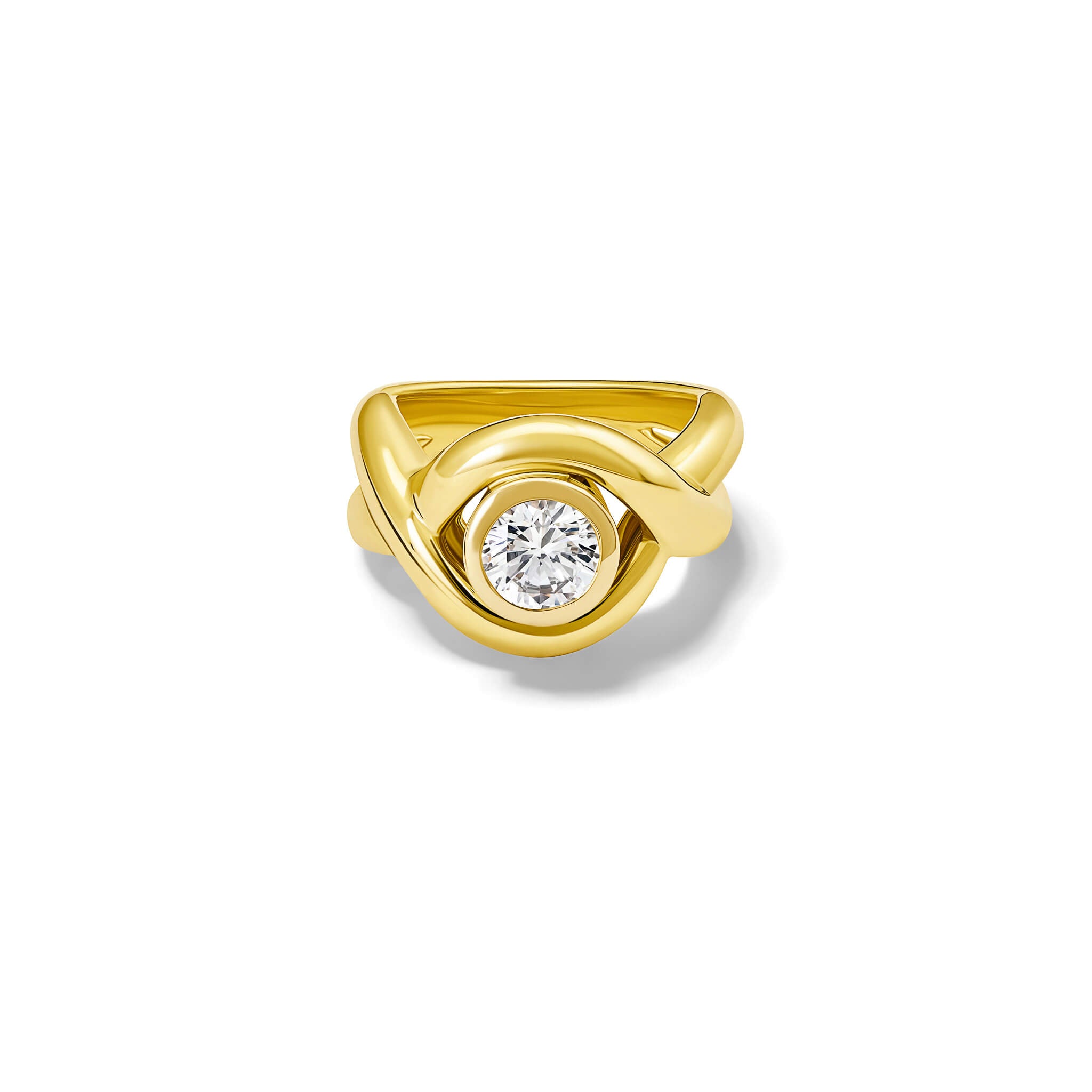 Handcrafted 18ct yellow gold ring featuring curved shanks with a round diamond, birthstone of april.