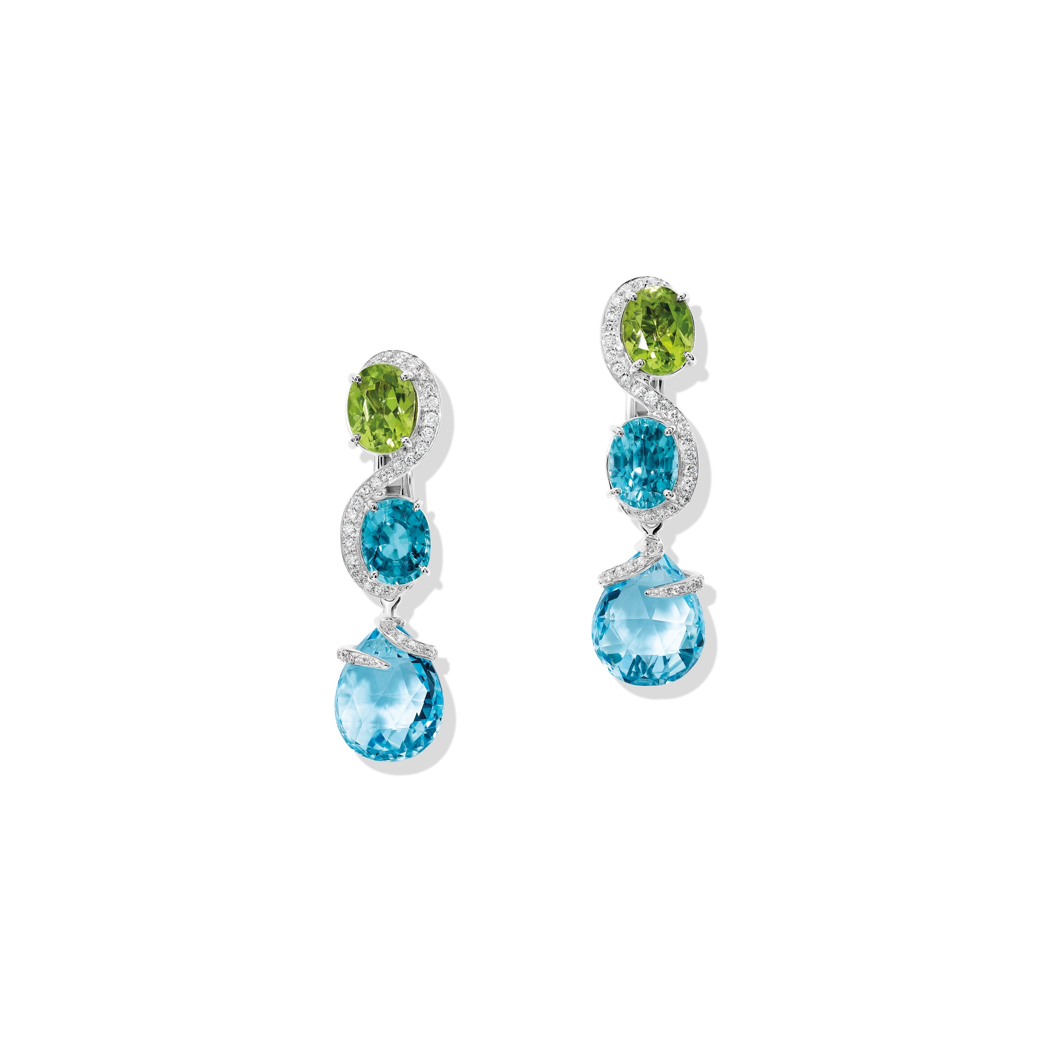 Handcrafted 18ct white gold earrings featuring an 's' shape linking the peridot, blue zircon, blue topaz with diamonds.