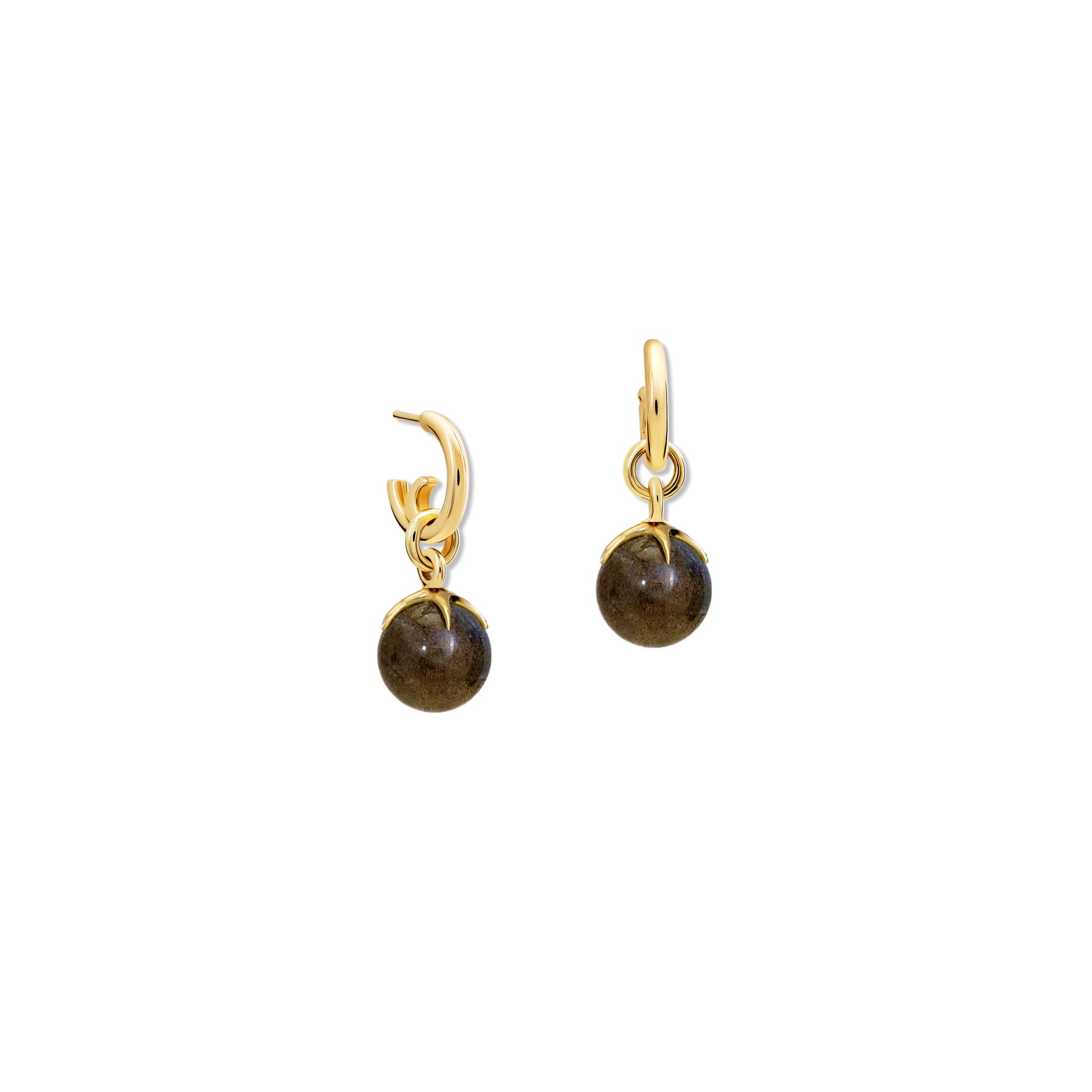 Handcrafted yellow gold earring drops with round labradorite beads.