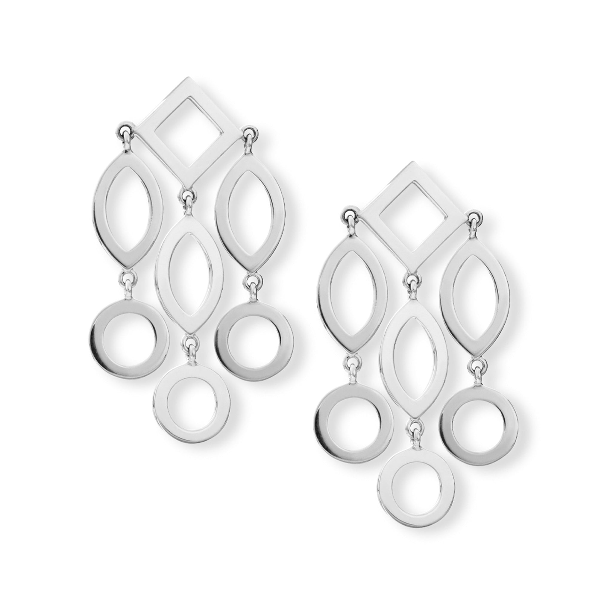 Handcrafted silver earrings featuring circular and oval shapes.