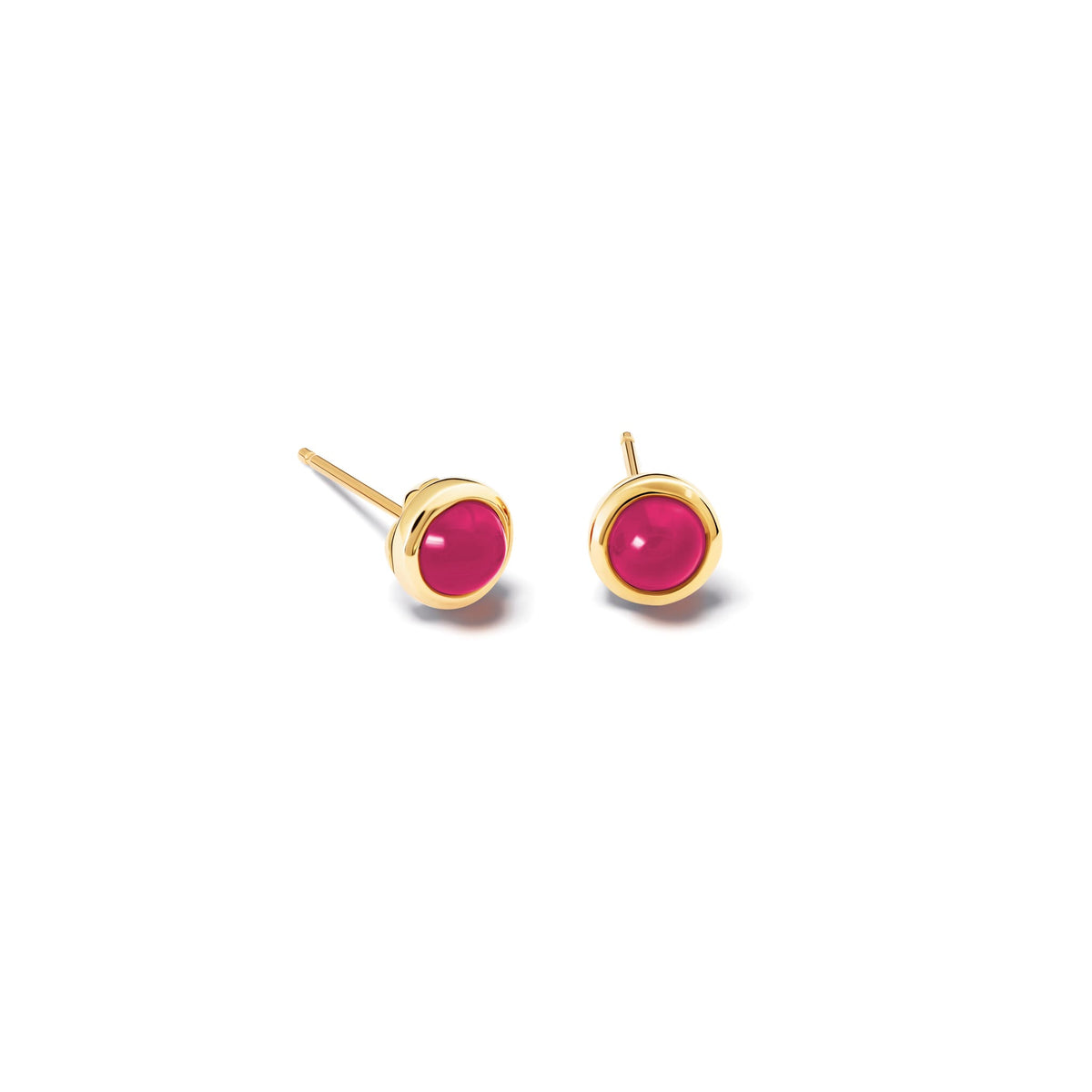 Handcrafted Theresa stud earrings in 9ct yellow gold with cabochon ruby, birthstone for July