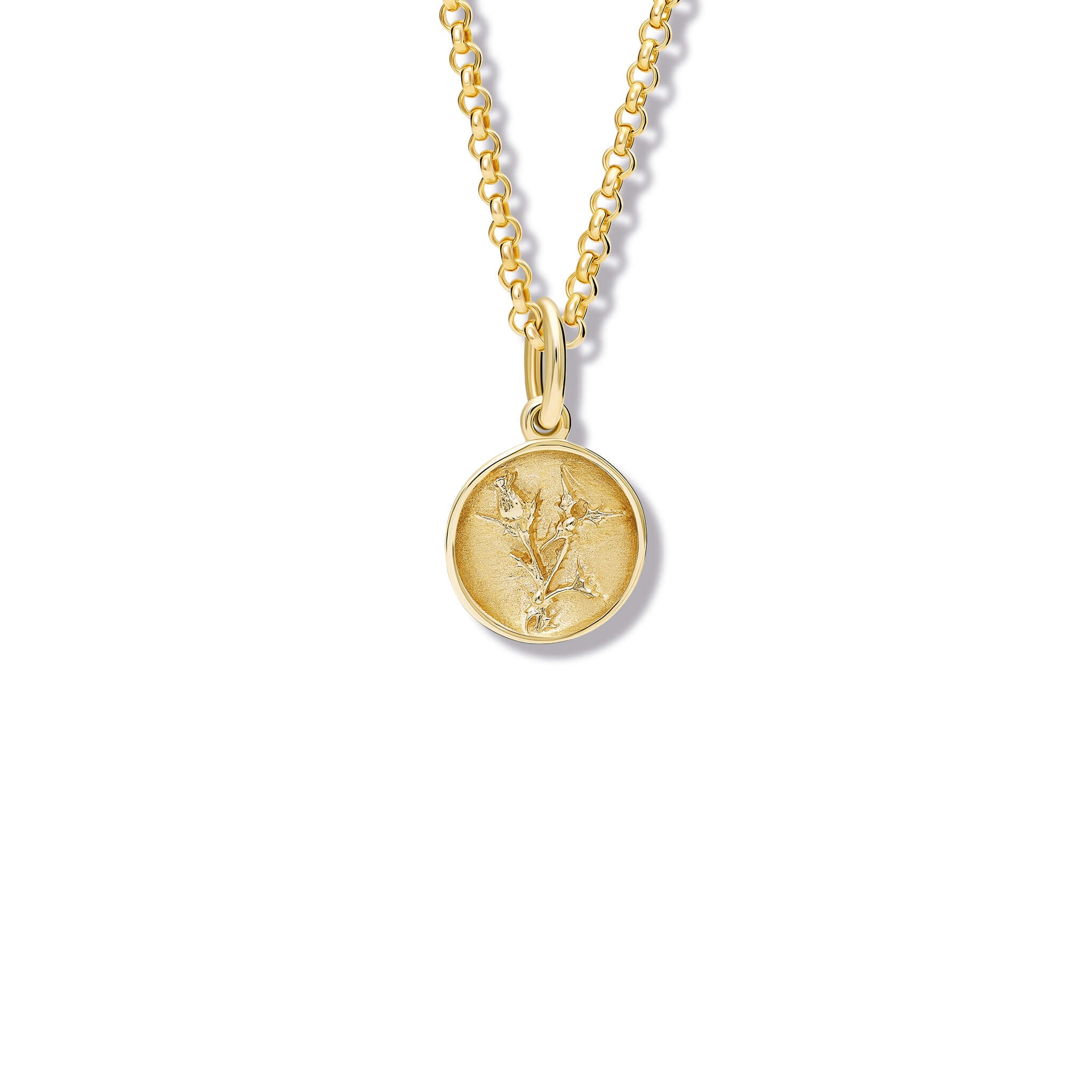 Handcrafted 9ct yellow gold charm pendant featuring a thistle, the symbol of Scotland.