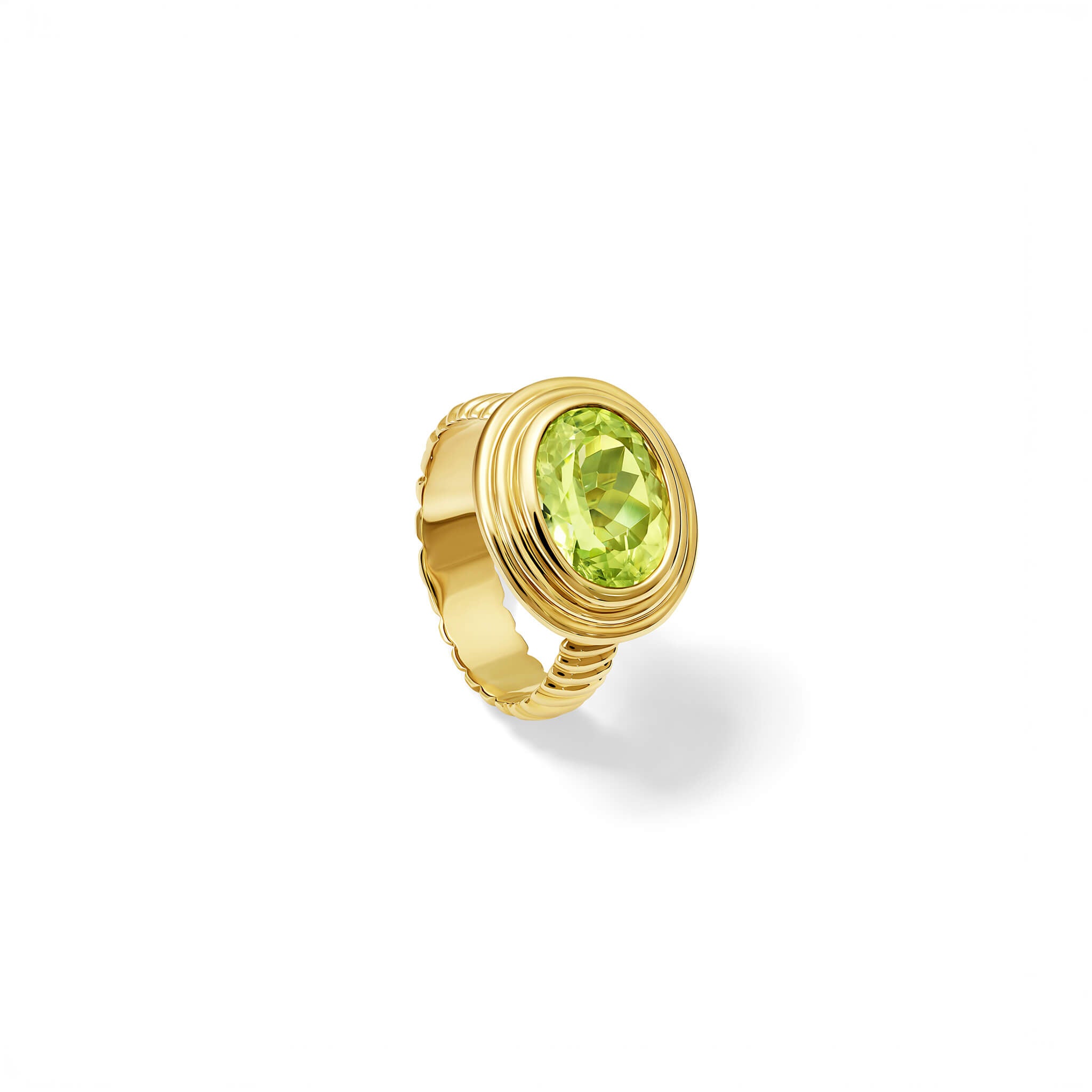 Handcrafted yellow gold ring featuring a prominent facetted cut lime yellow chrysoberyl