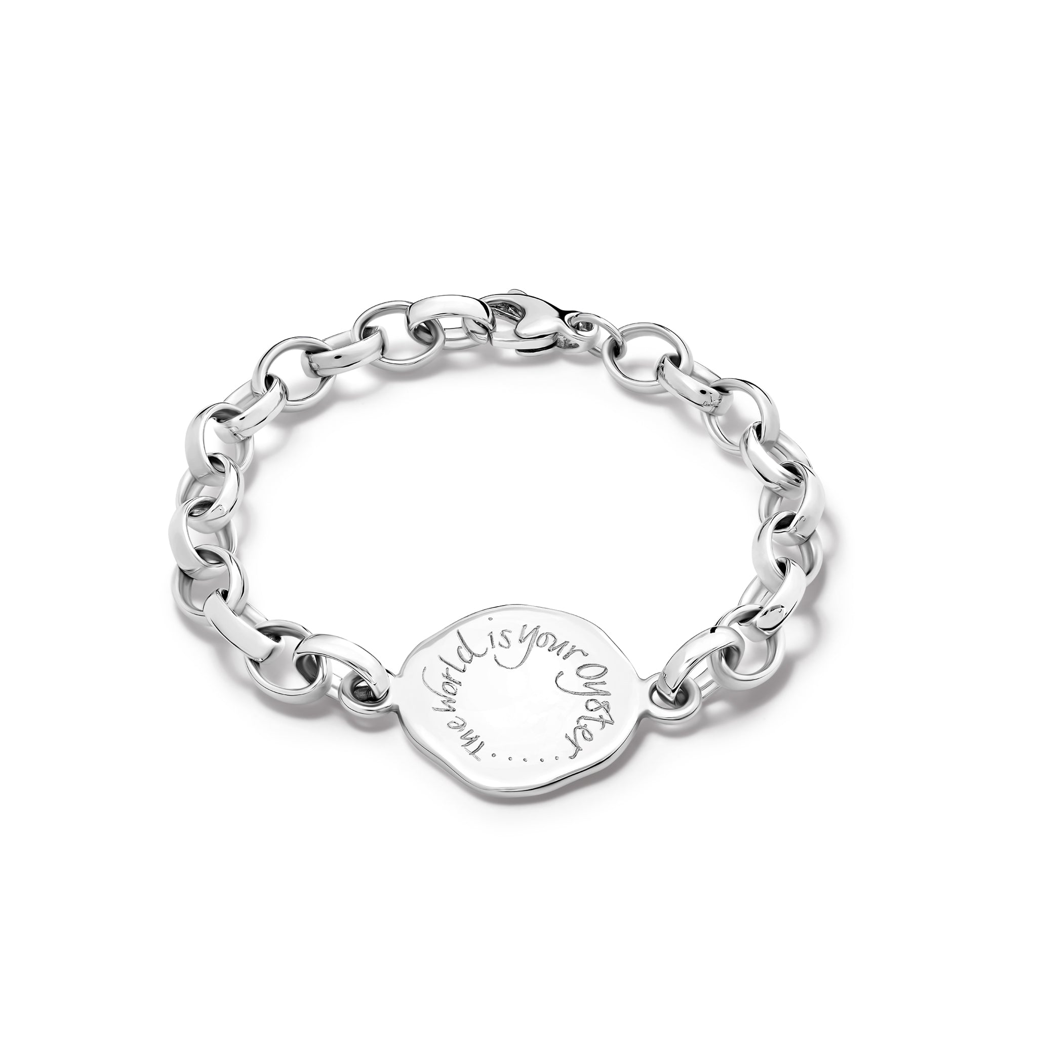 Handcrafted sterling silver link bracelet featuring a round silver pendant engraved with the quote 'The world is your oyster.'