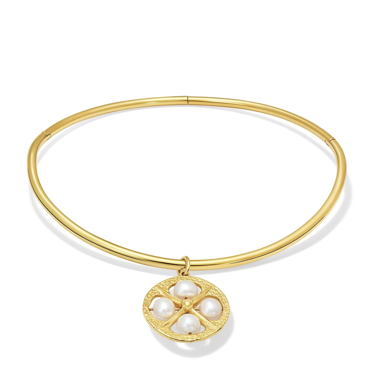 Handcrafted Zola torque necklace crafted from 9ct yellow gold. Sitting close to the collarbone, the Zola torque necklace is perfect to be worn alone or with a pendant like Helios pearl pendant