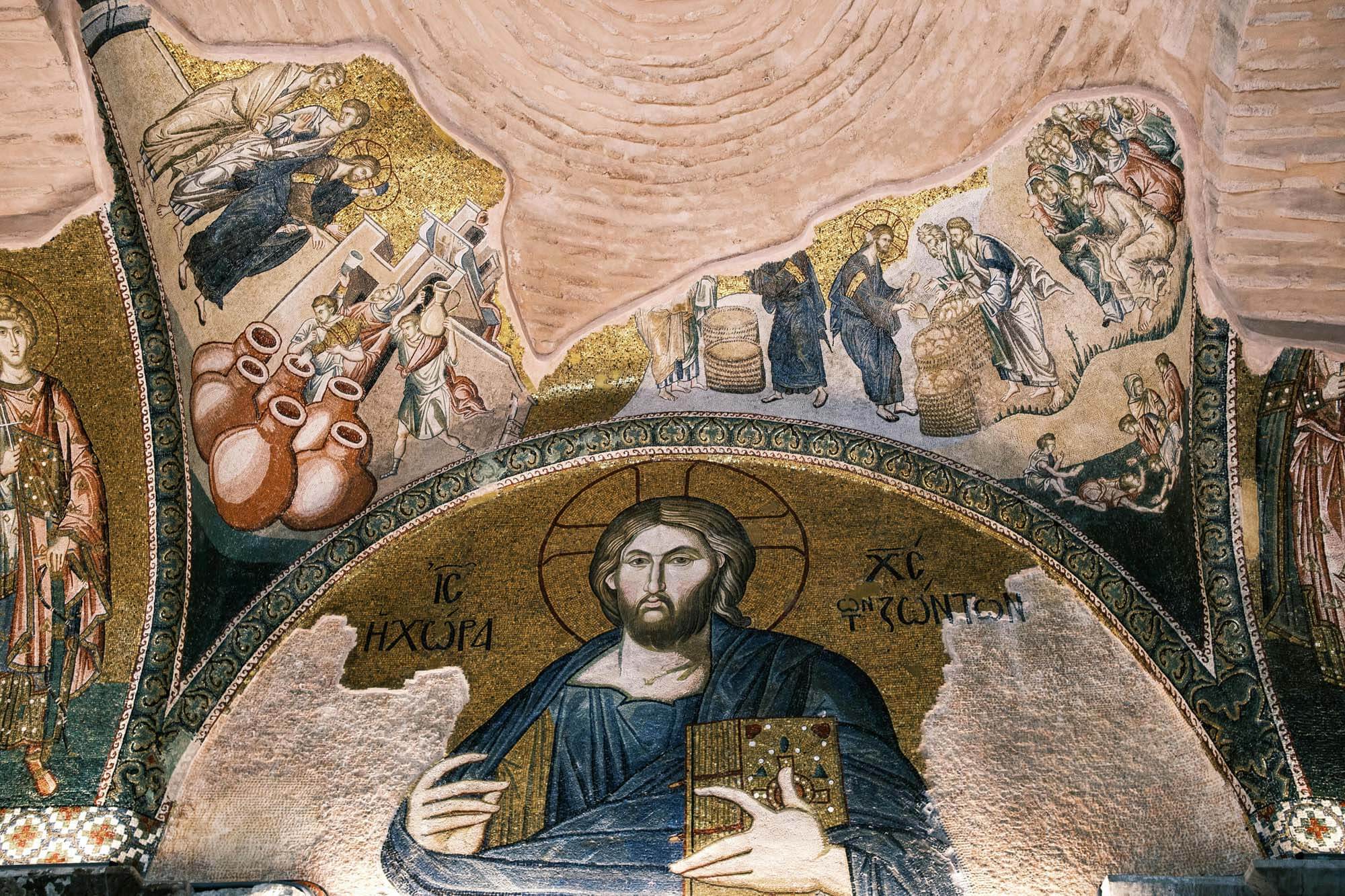 Gold and blue traditional mosaic in Greek orthodox church. 