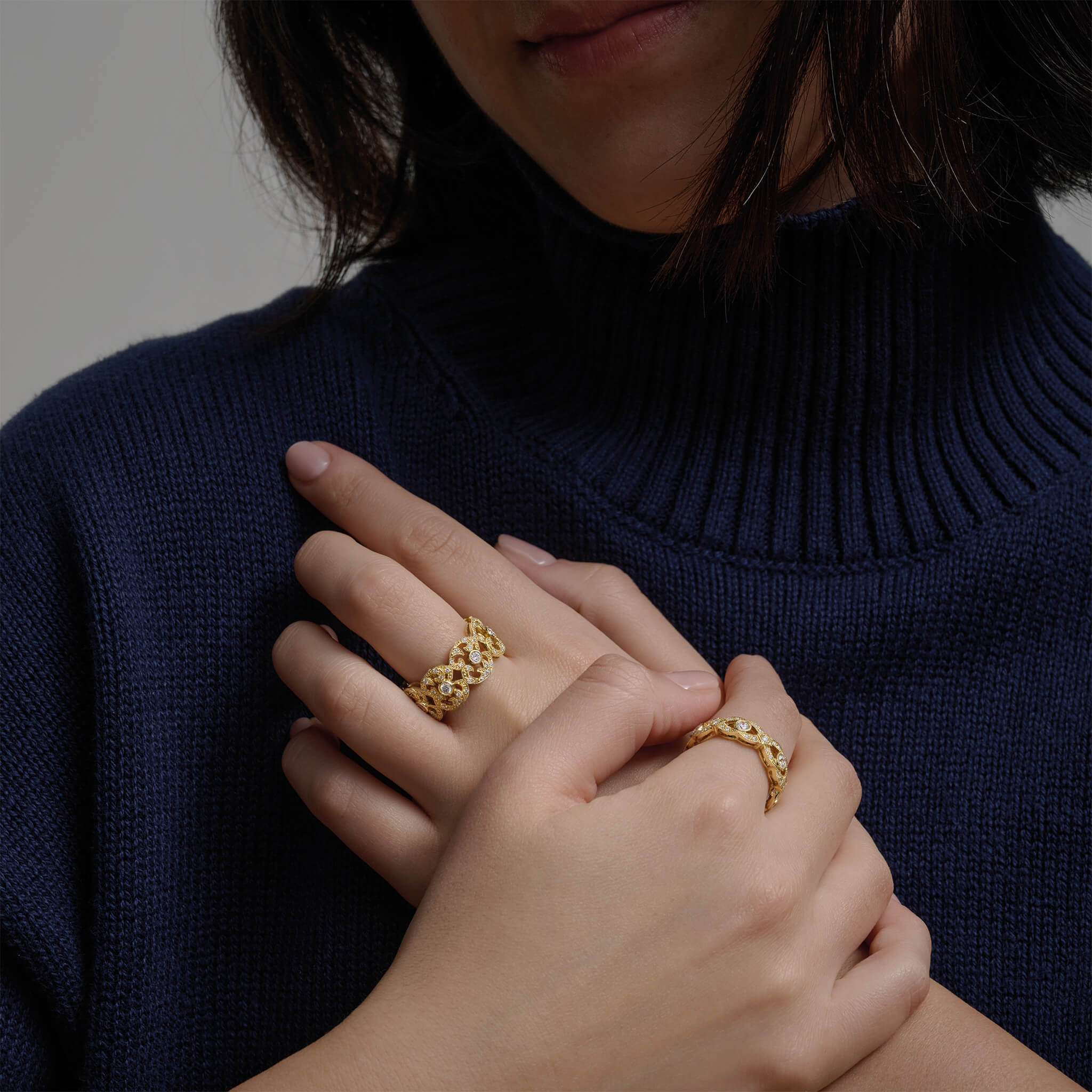Model wearing handcrafted gold jewellery inspired by Turkey and Bulgaria.