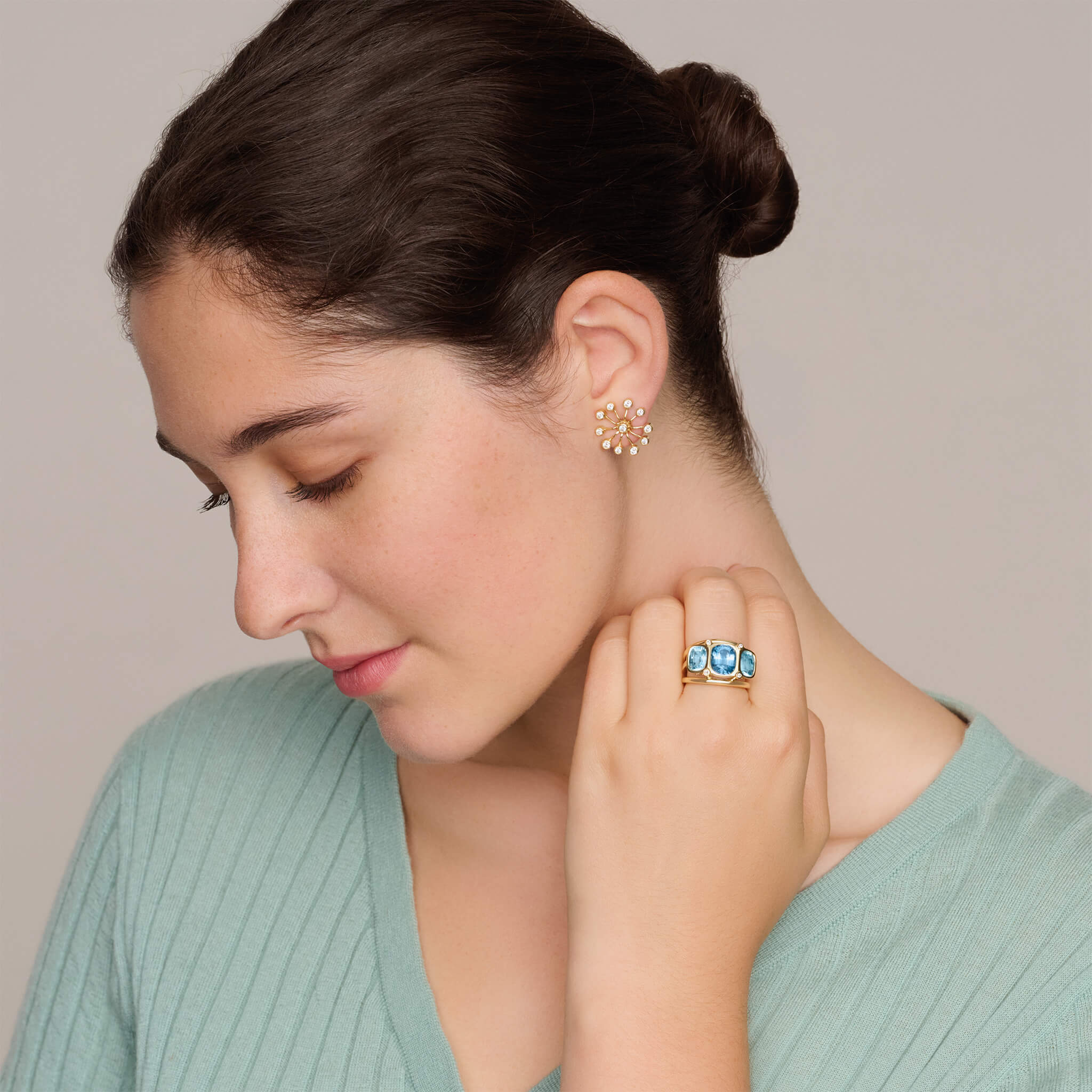 Model wearing handcrafted gold jewellery inspired by Egypt.