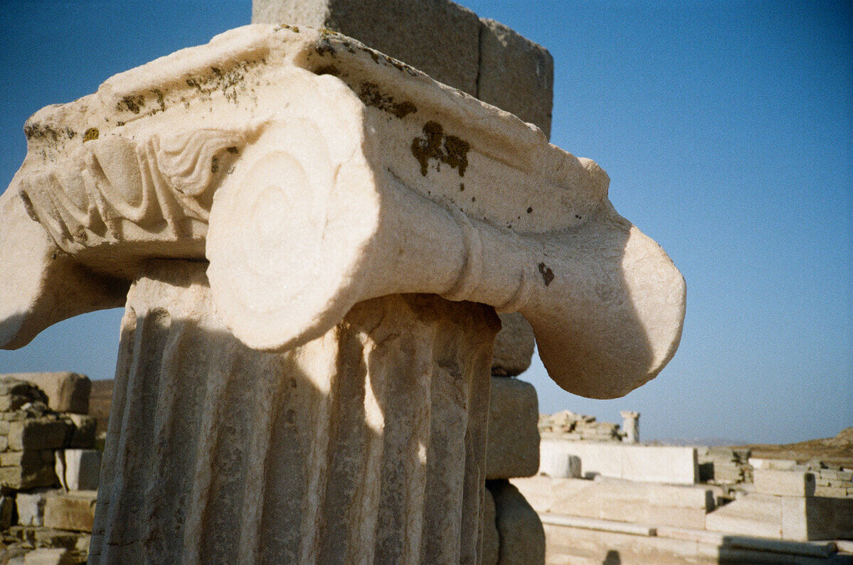 ionic Greek marble column ruin on the island of Delos. 
