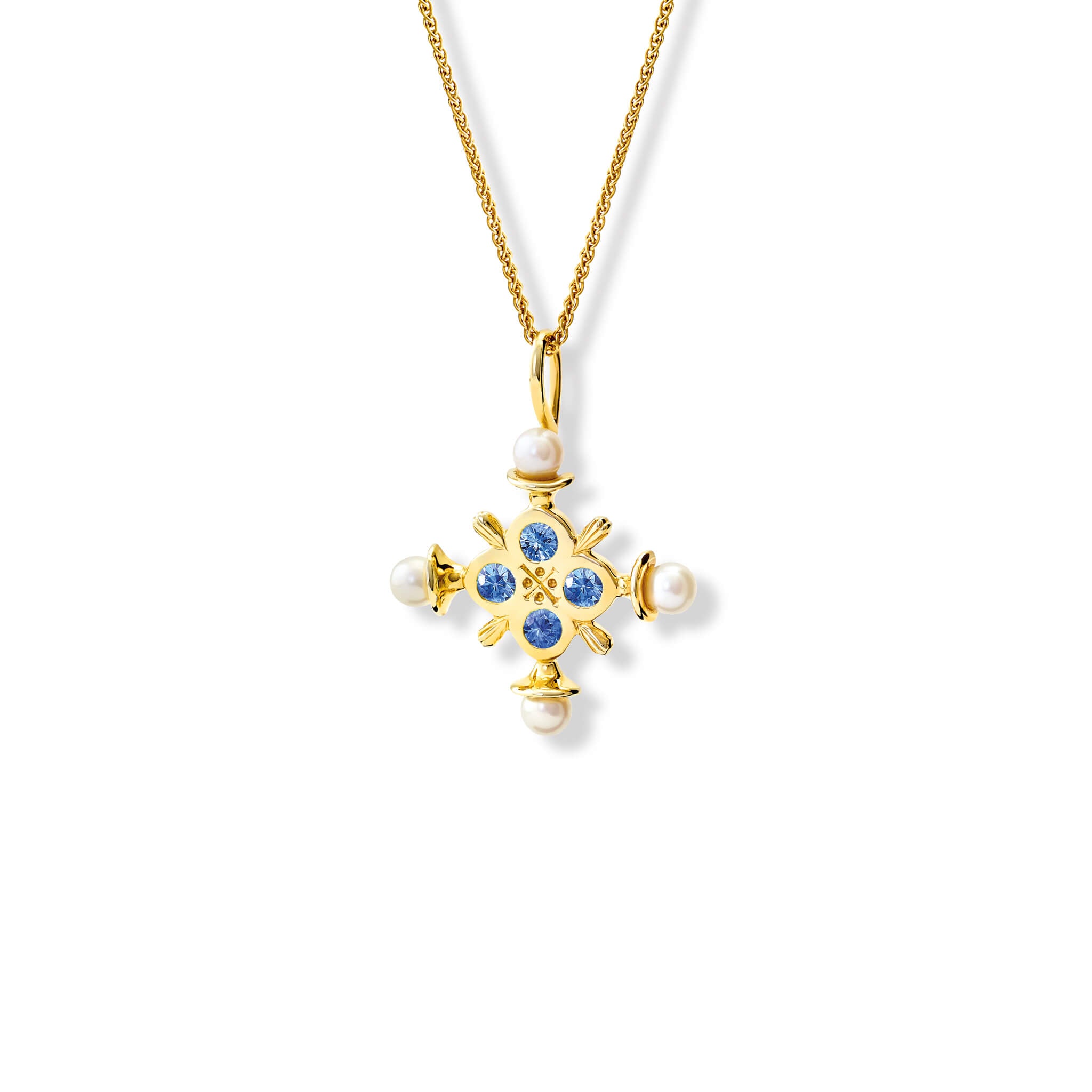 Handcrafted cross necklace pendant in 9ct yellow gold with blue sapphire and pearl.