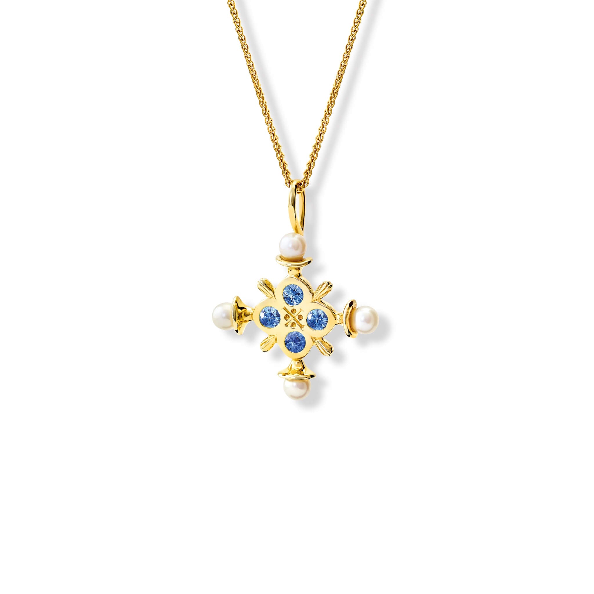 Handcrafted cross necklace pendant in 9ct yellow gold with blue sapphire and pearl.
