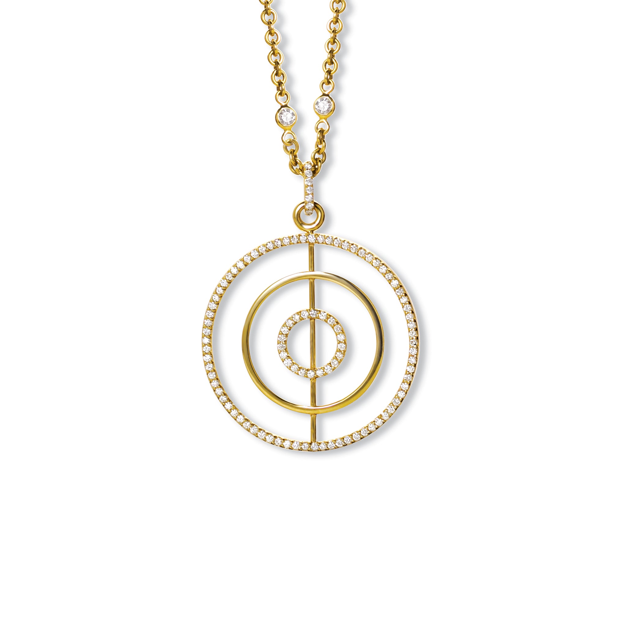 Handcrafted yellow gold necklace pendant featuring three connected circles with diamonds.