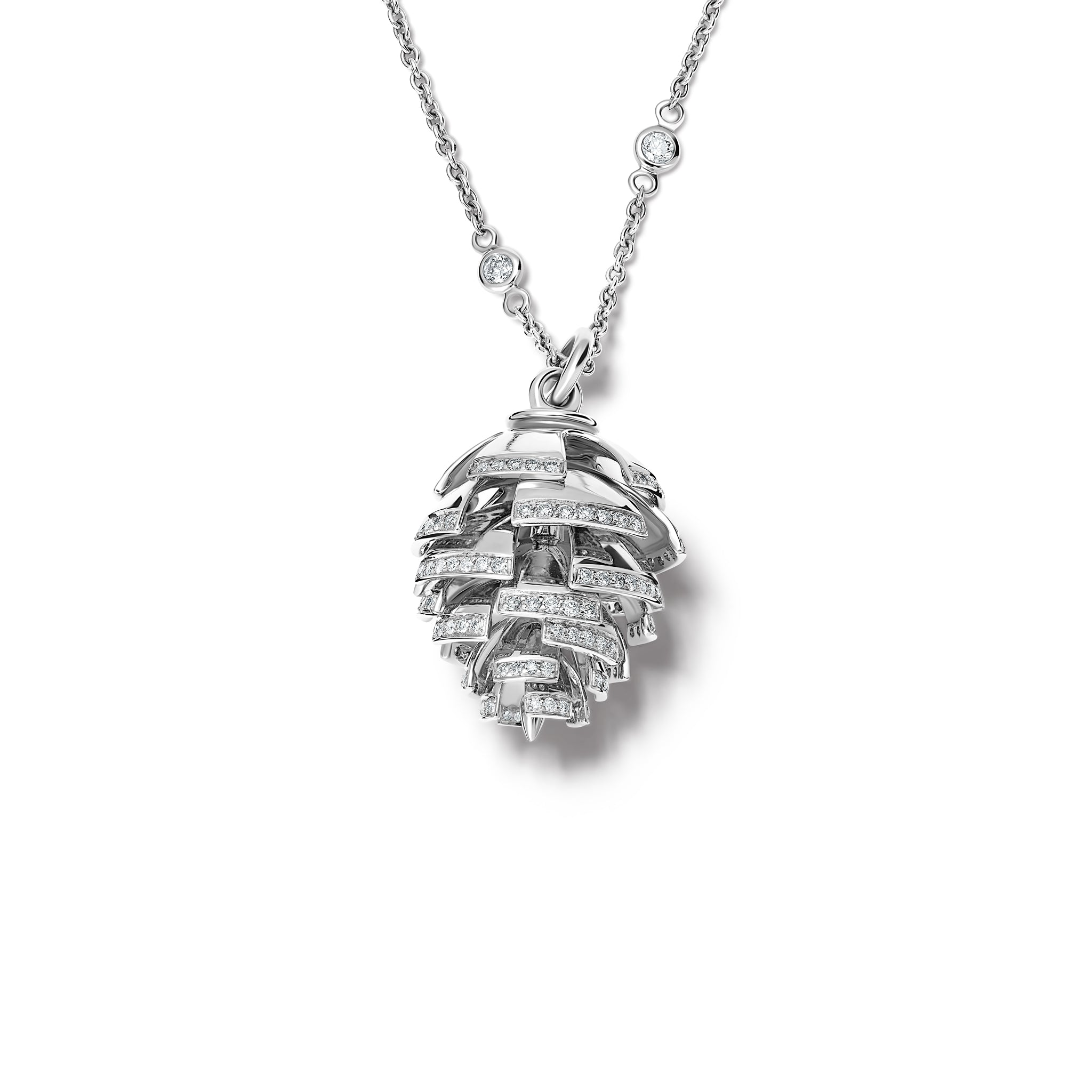Handcrafted white gold fir cone shaped necklace pendant with diamonds.