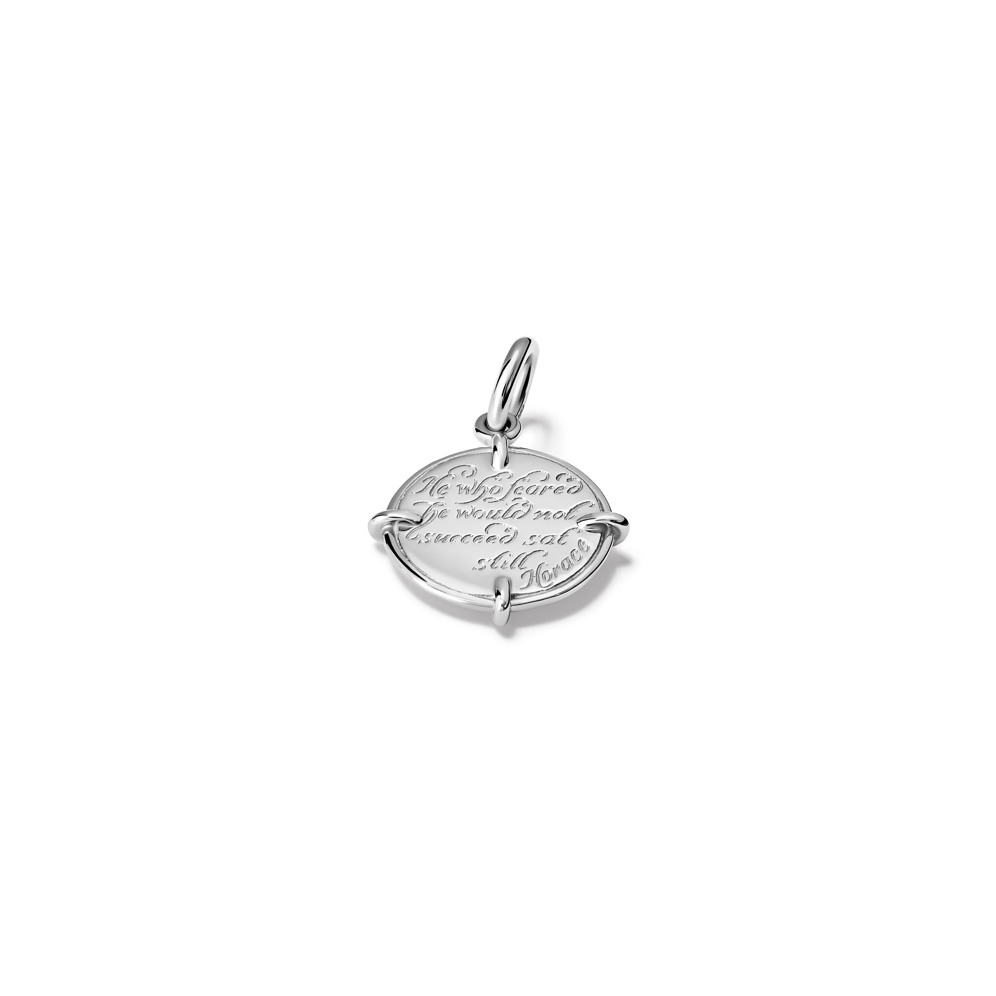 Handcrafted sterling silver necklace pendant engraved with the quote, 'He who feared he would not succeed, sat still and on the reverse.'