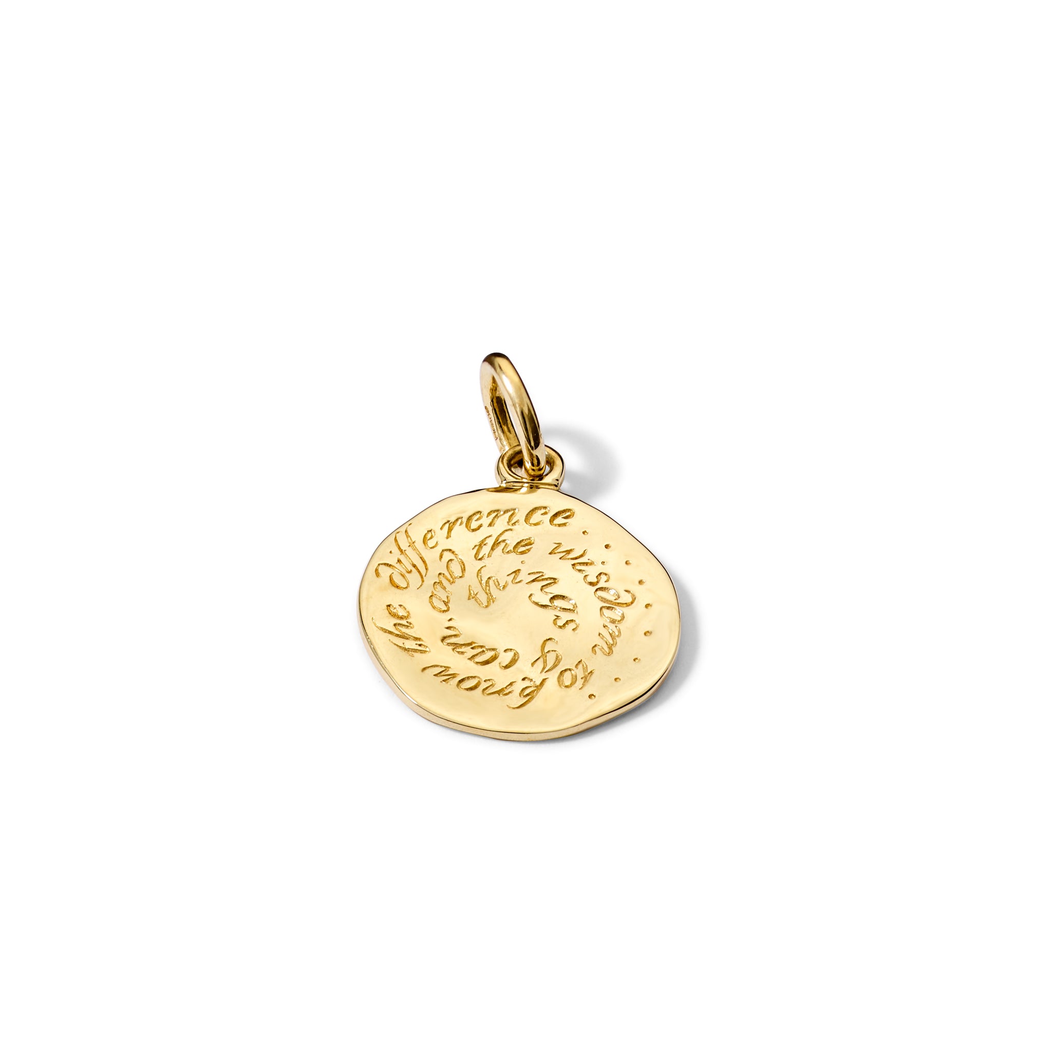 Handcrafted yellow gold necklace pendant engraved with the quote, 'Give me the serenity to accept the things I cannot change, the courage to change the things I can, and the wisdom to know the differe