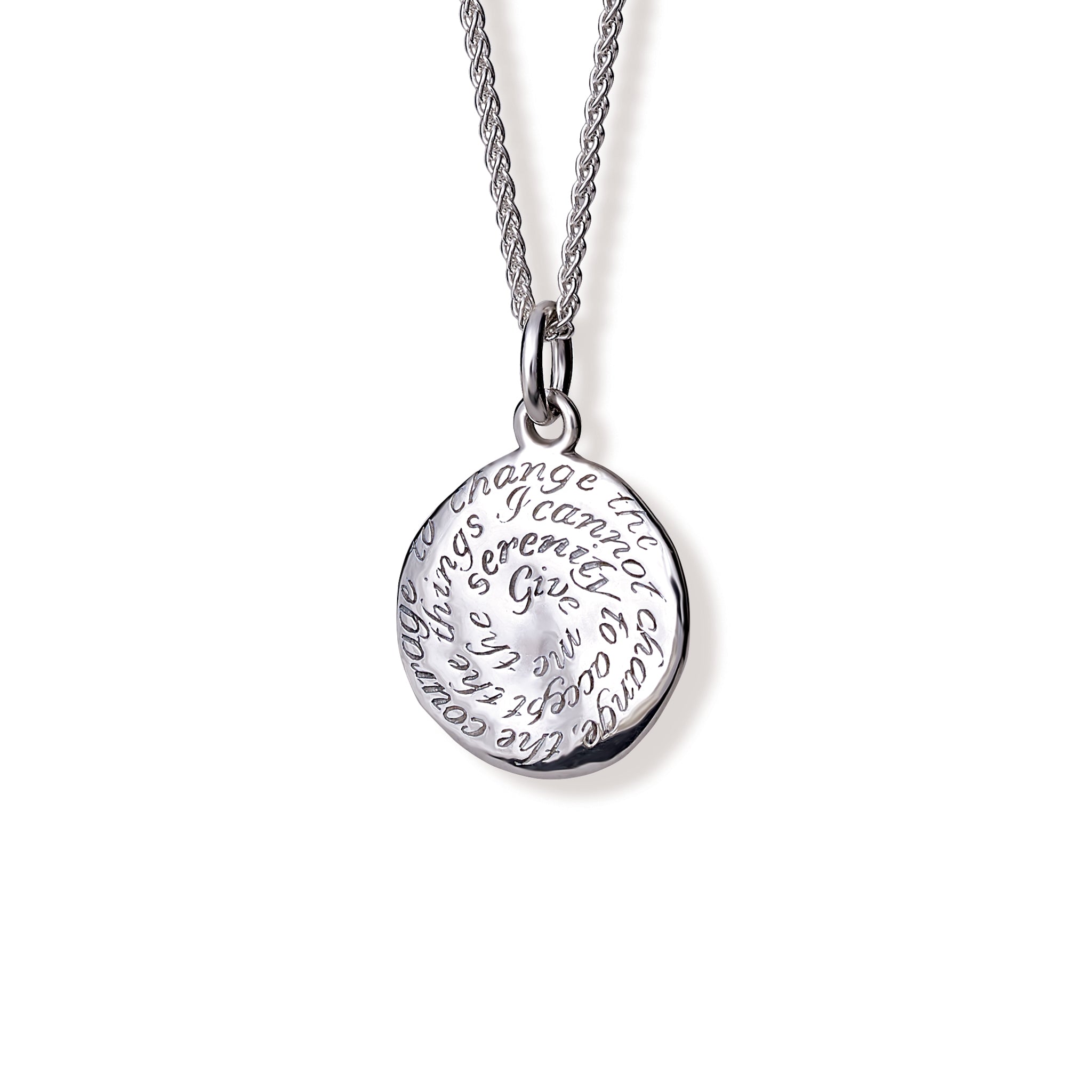 Handcrafted sterling silver necklace pendant engraved with the quote, 'Give me the serenity to accept the things I cannot change, the courage to change the things I can, and the wisdom to know the dif