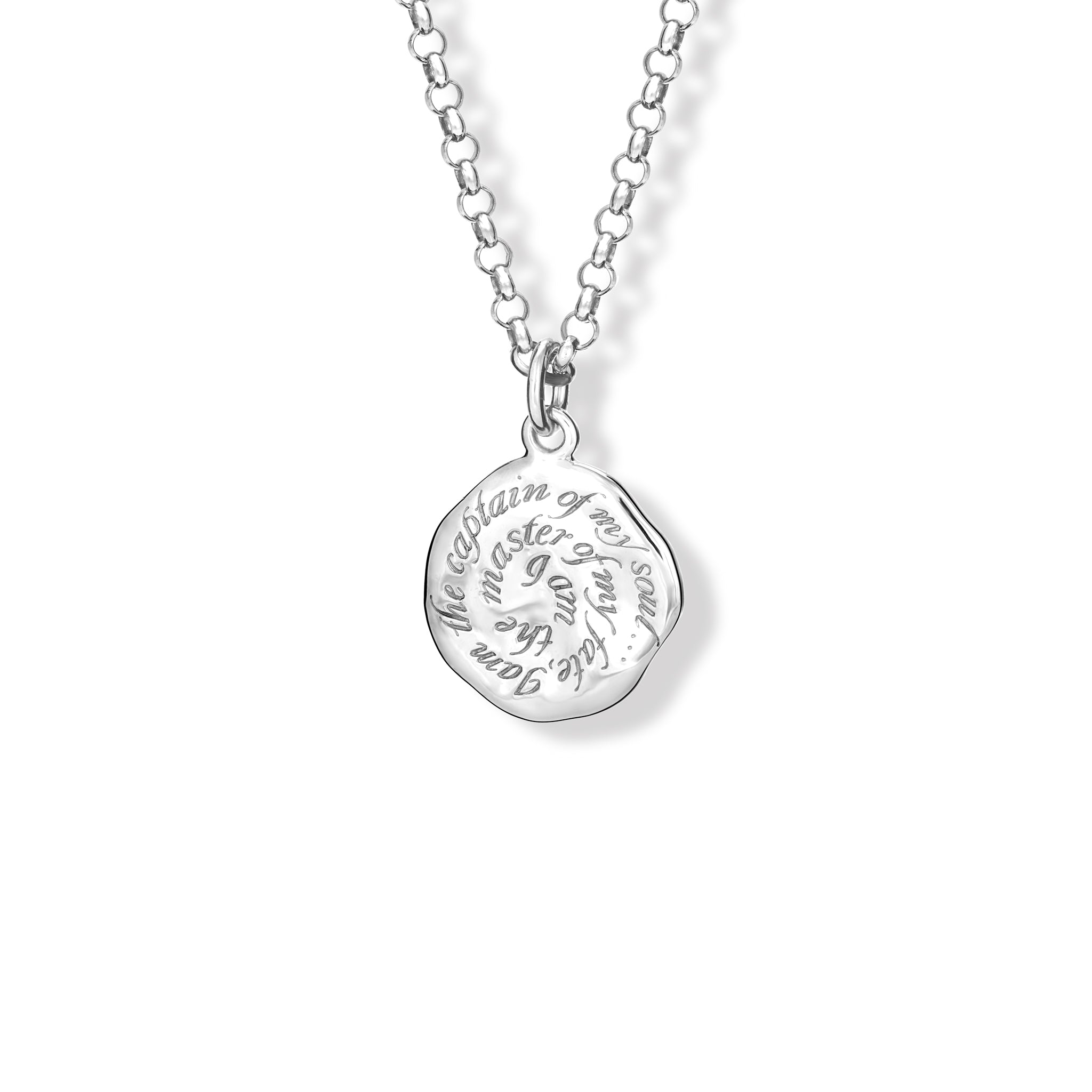 Handcrafted sterling silver necklace pendant  engraved with the quote, �I am the master of my fate, I am the captain of my soul�.