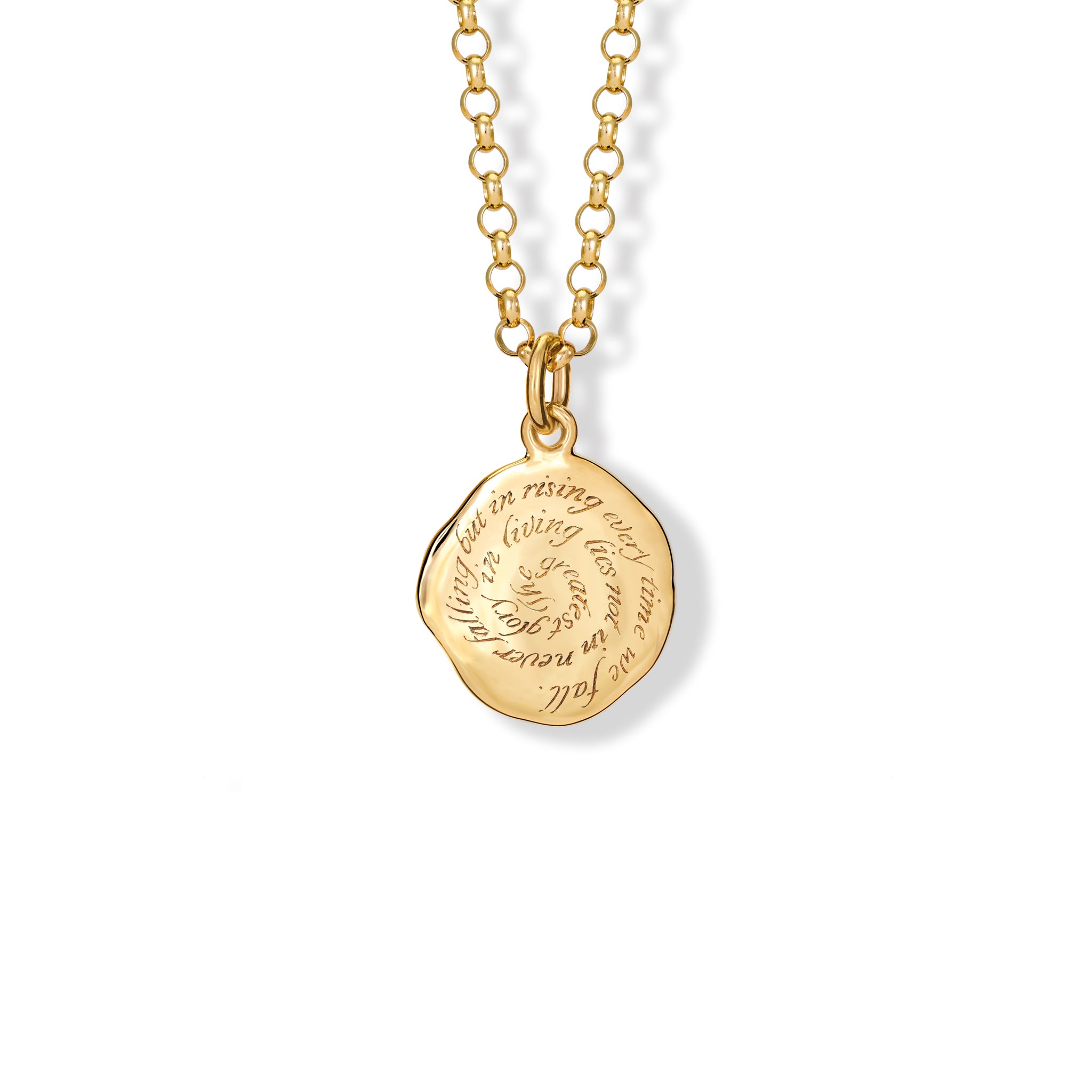 Handcrafted yellow gold round necklace pendant engraved with the quote 'The greatest glory in living lies not in never falling, but in rising every time we fall.'
