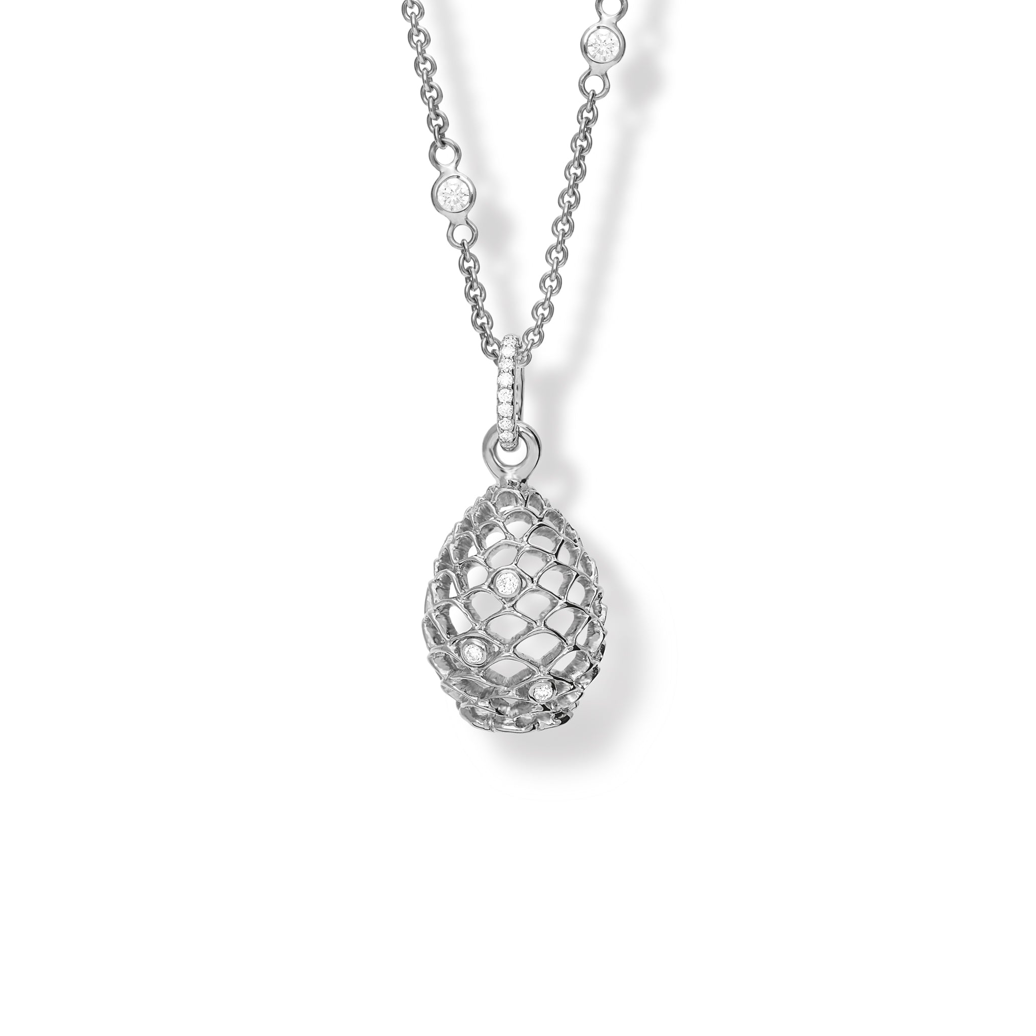 Handcrafted white gold necklace pendant featuring a pinecone shape with diamonds.