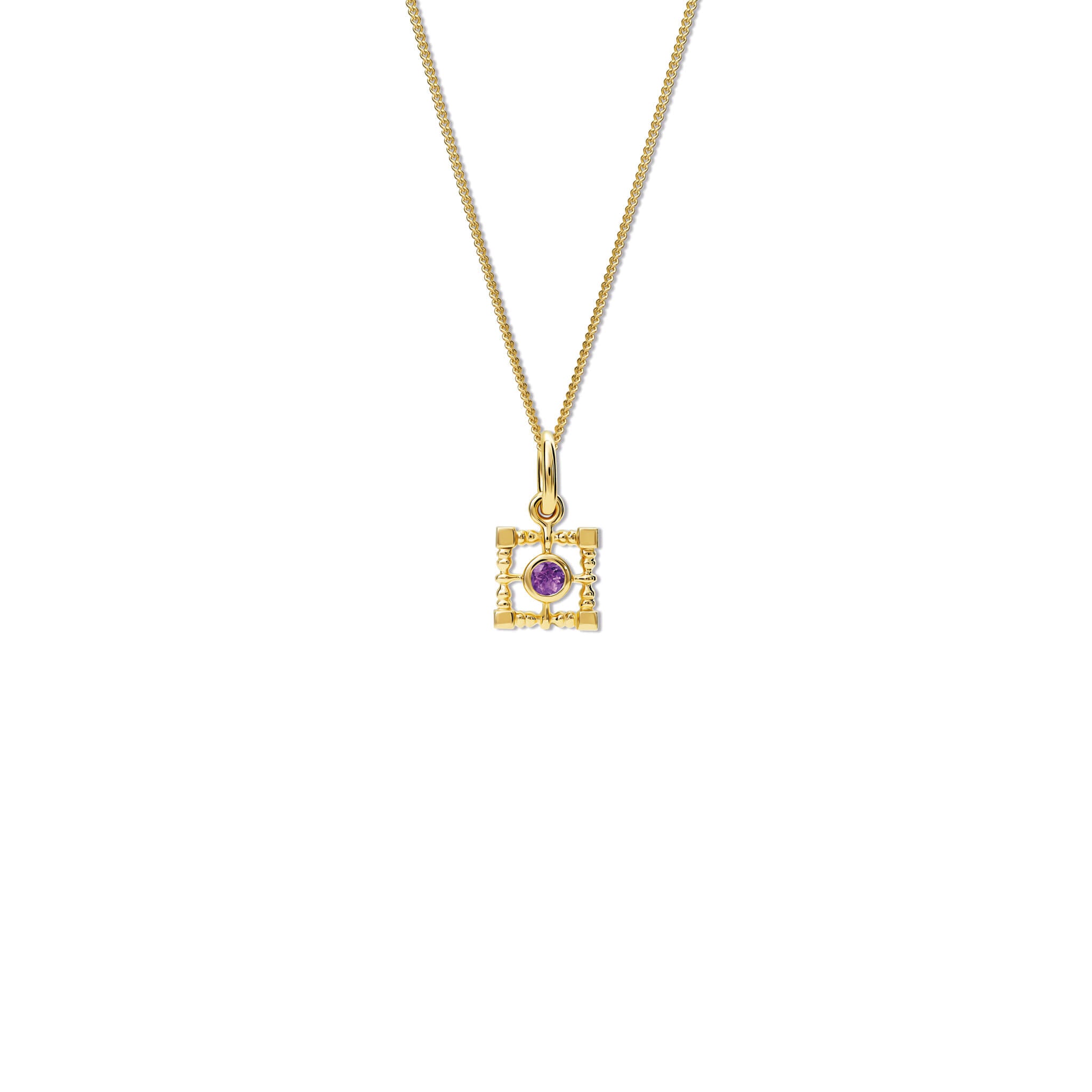 Handcrafted yellow gold necklace pendant  featuring a square-shaped frame with a central amethyst, birthstone of February.