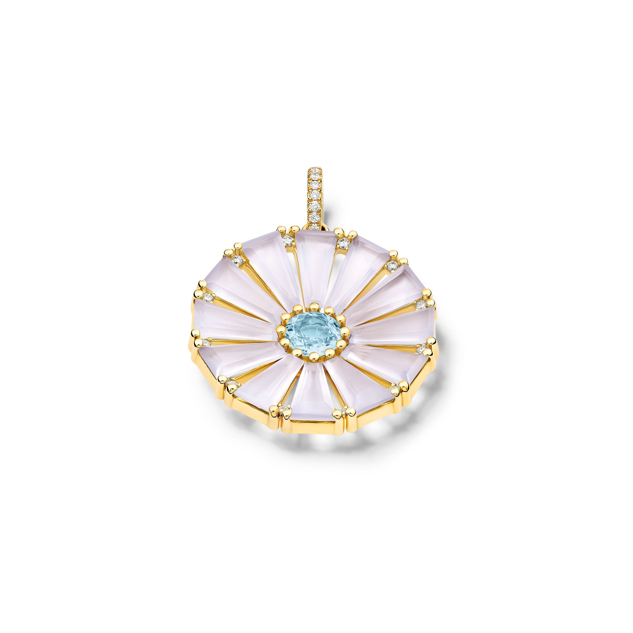 Handcrafted yellow gold circular necklace pendant with baguette cut blue chalcedony, blue topaz and diamond gemstones.

