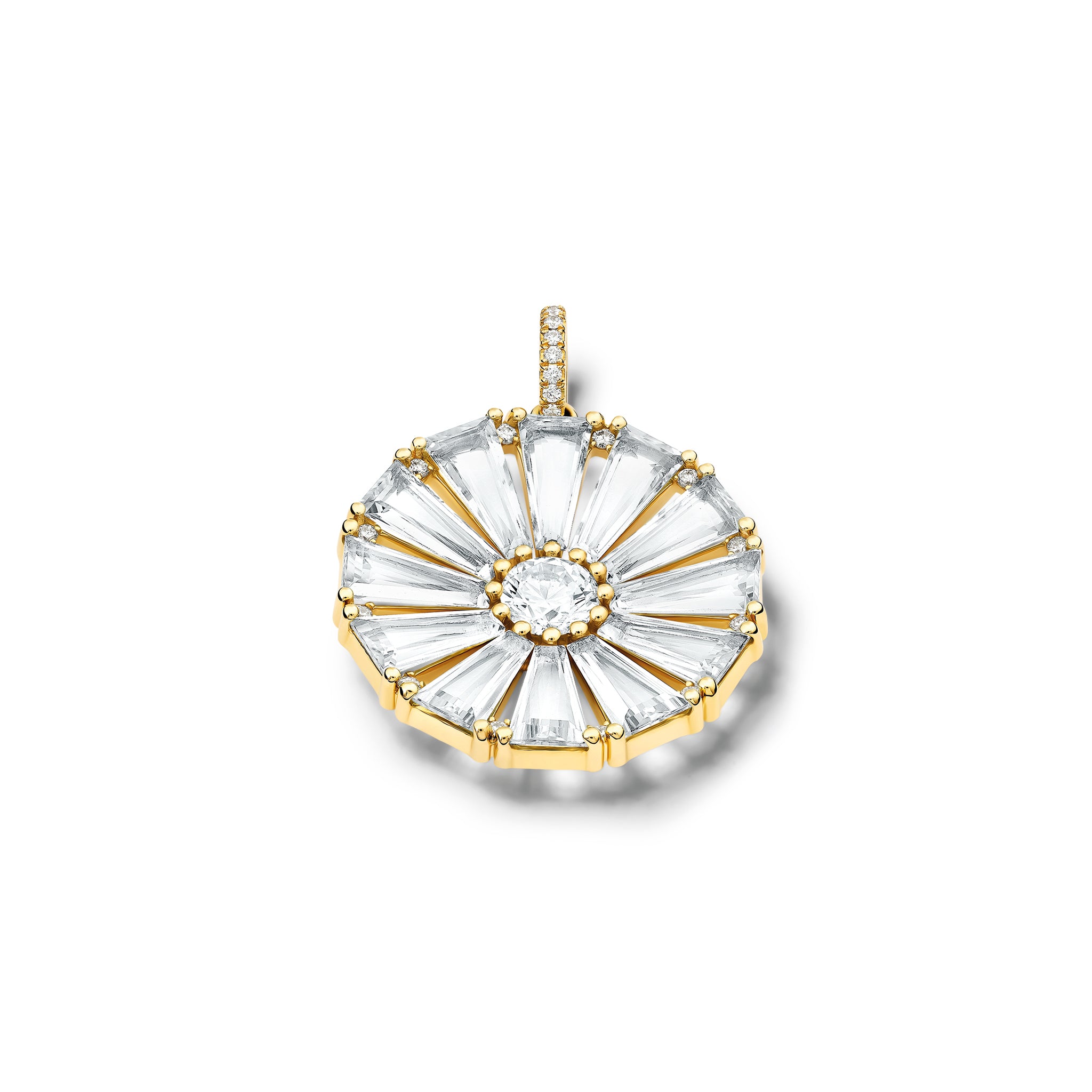 Handcrafted yellow gold circular necklace pendant with baguette cut white topaz and diamond gemstones.
