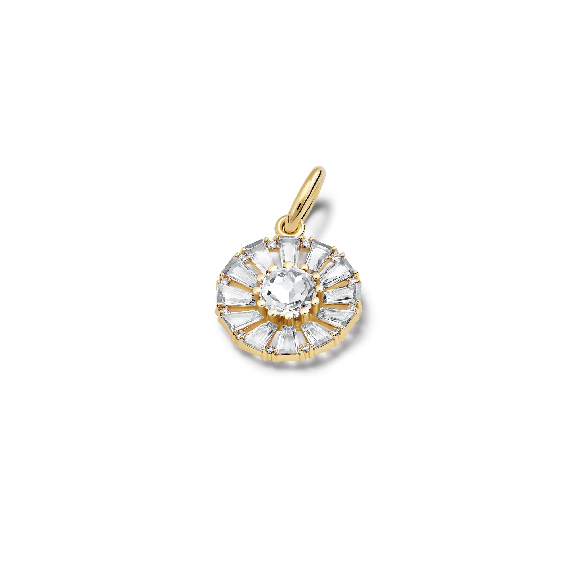 Handcrafted yellow gold circular necklace pendant with baguette cut white topaz and diamond gemstones.

