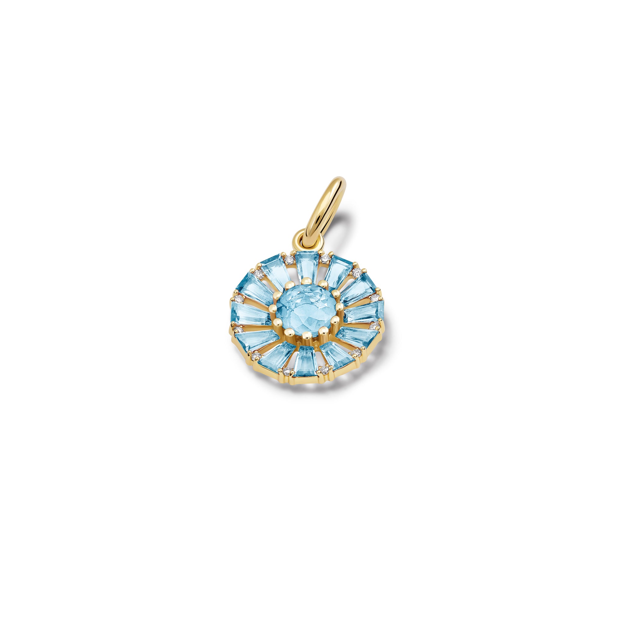 Handcrafted yellow gold necklace pendant featuring a circular arrangement of blue topaz and diamond, birthstone of November.