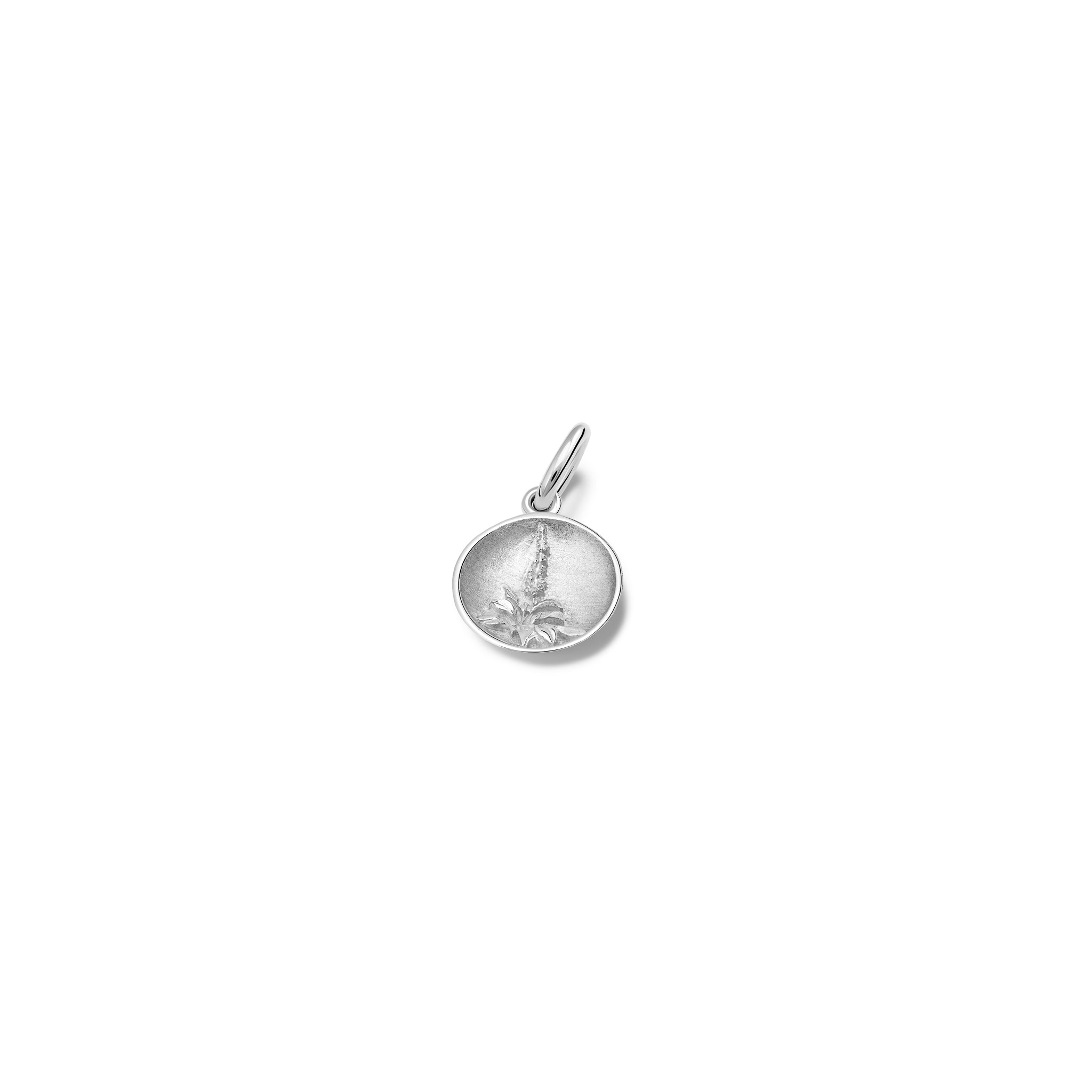 Handcrafted round sterling silver necklace pendant 'en relief' with a foxglove.