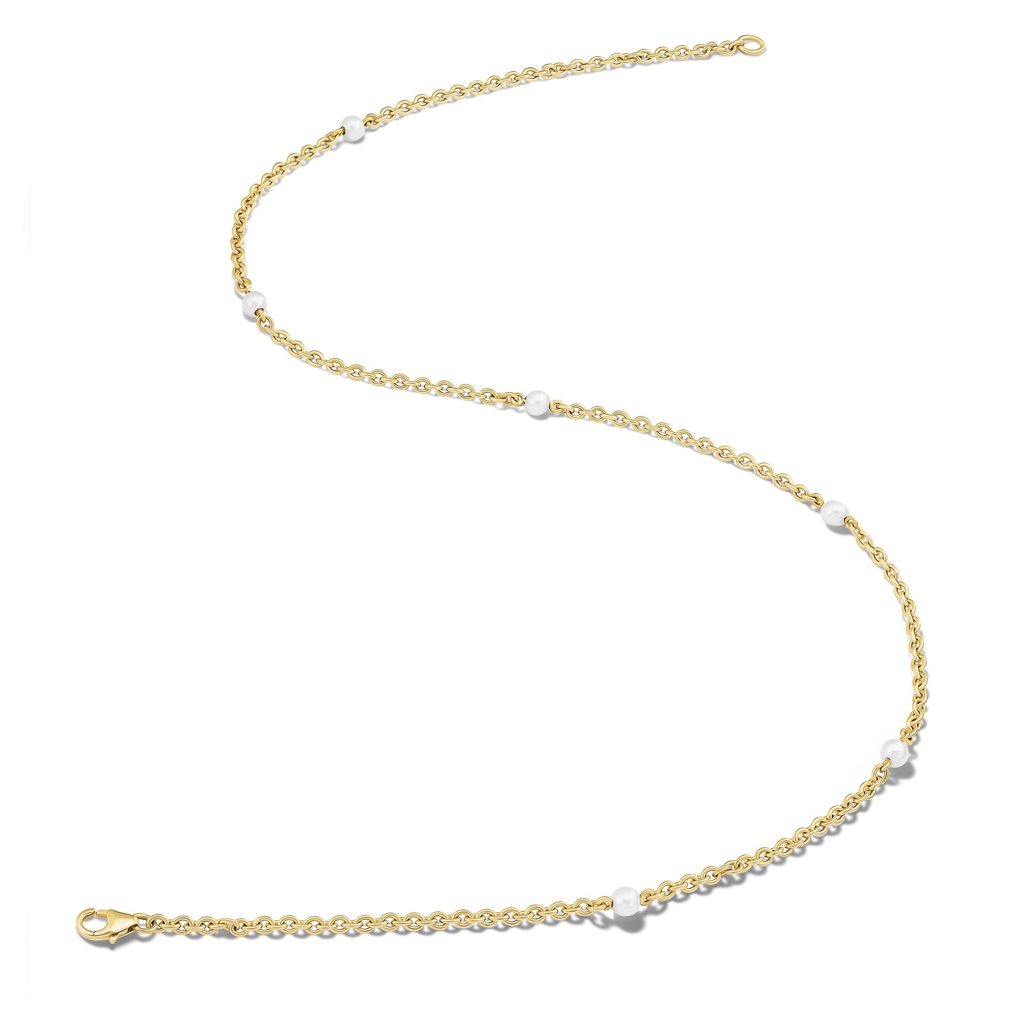 Handcrafted yellow gold necklace chain featuring small circular links with pearls.