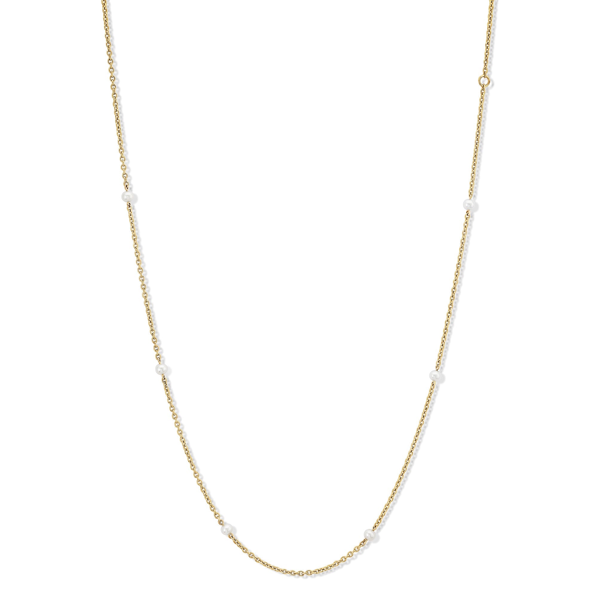Handcrafted yellow gold necklace chain featuring small circular links with pearls.