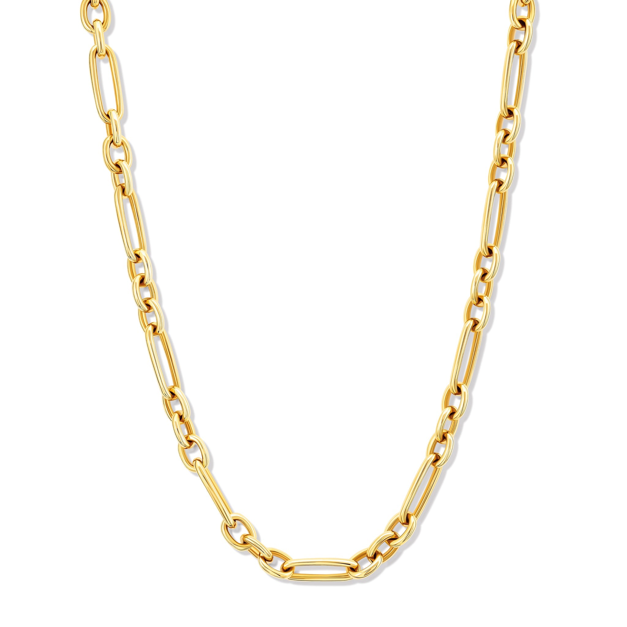 Handcrafted yellow gold necklace link bracelet featuring chunky round and rounded rectangular links interconnected.