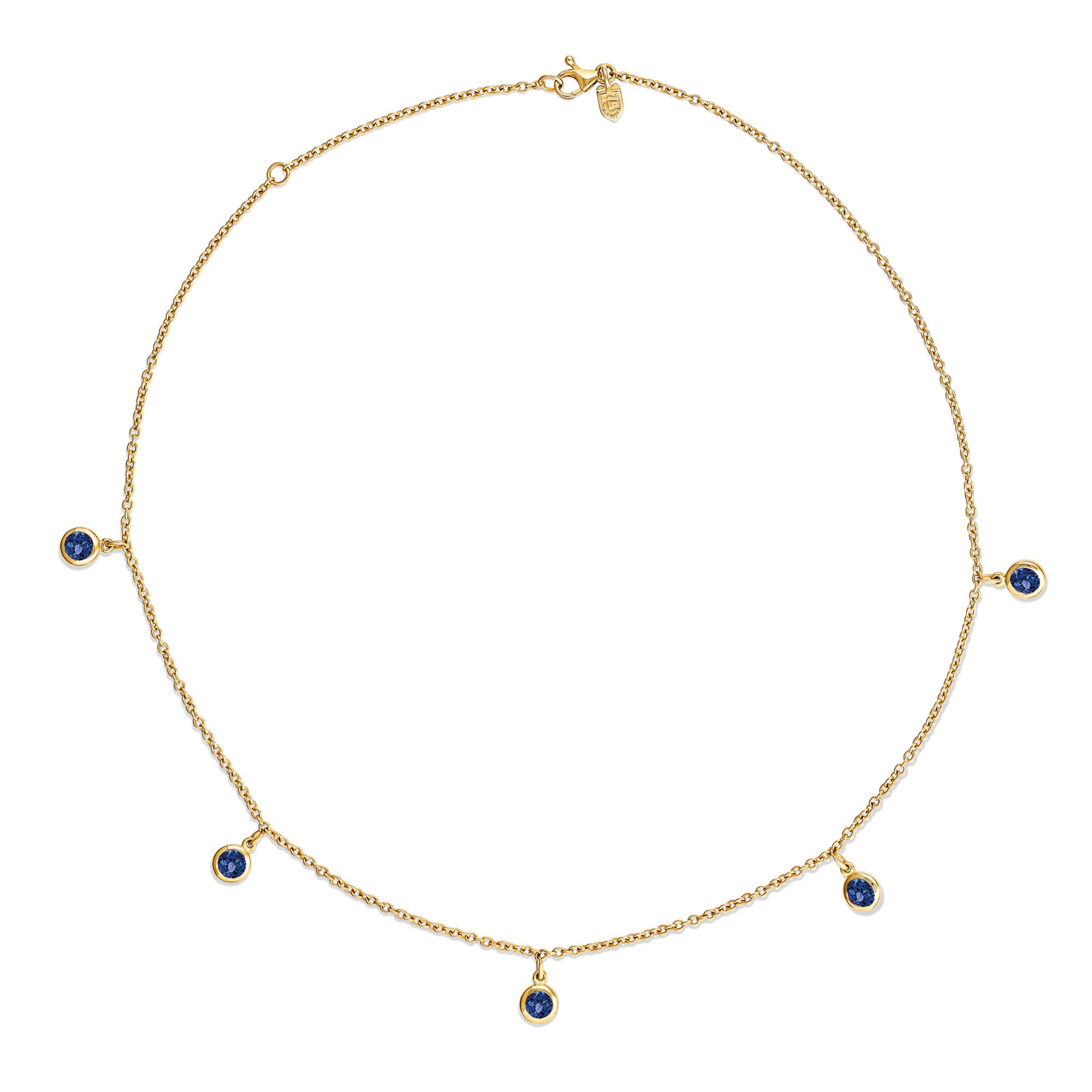 Handcrafted yellow gold necklace with five round blue sapphire drops, birthstone of September.