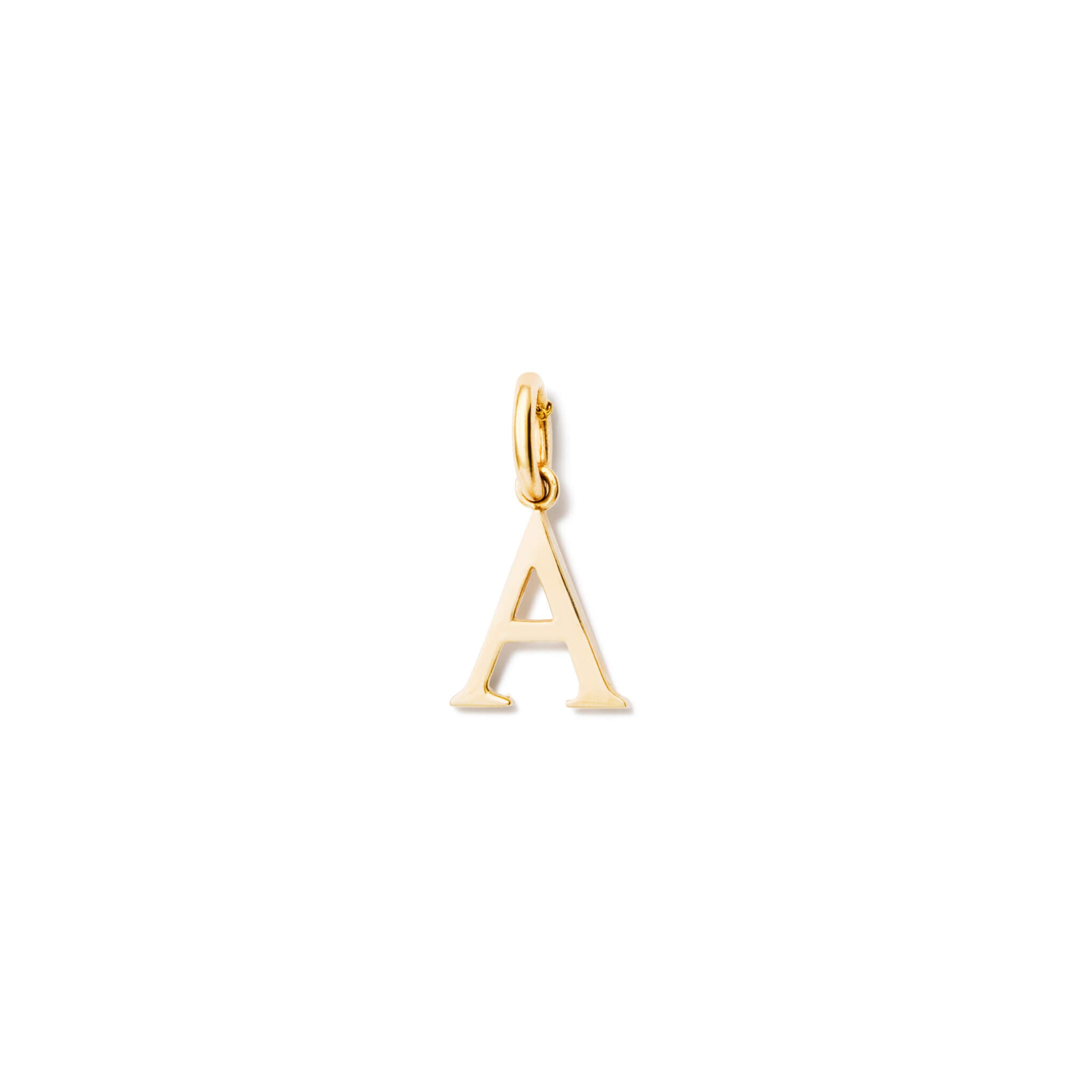 Handcrafted yellow gold initial A necklace pendant, with a loop at the top for chain attachment.