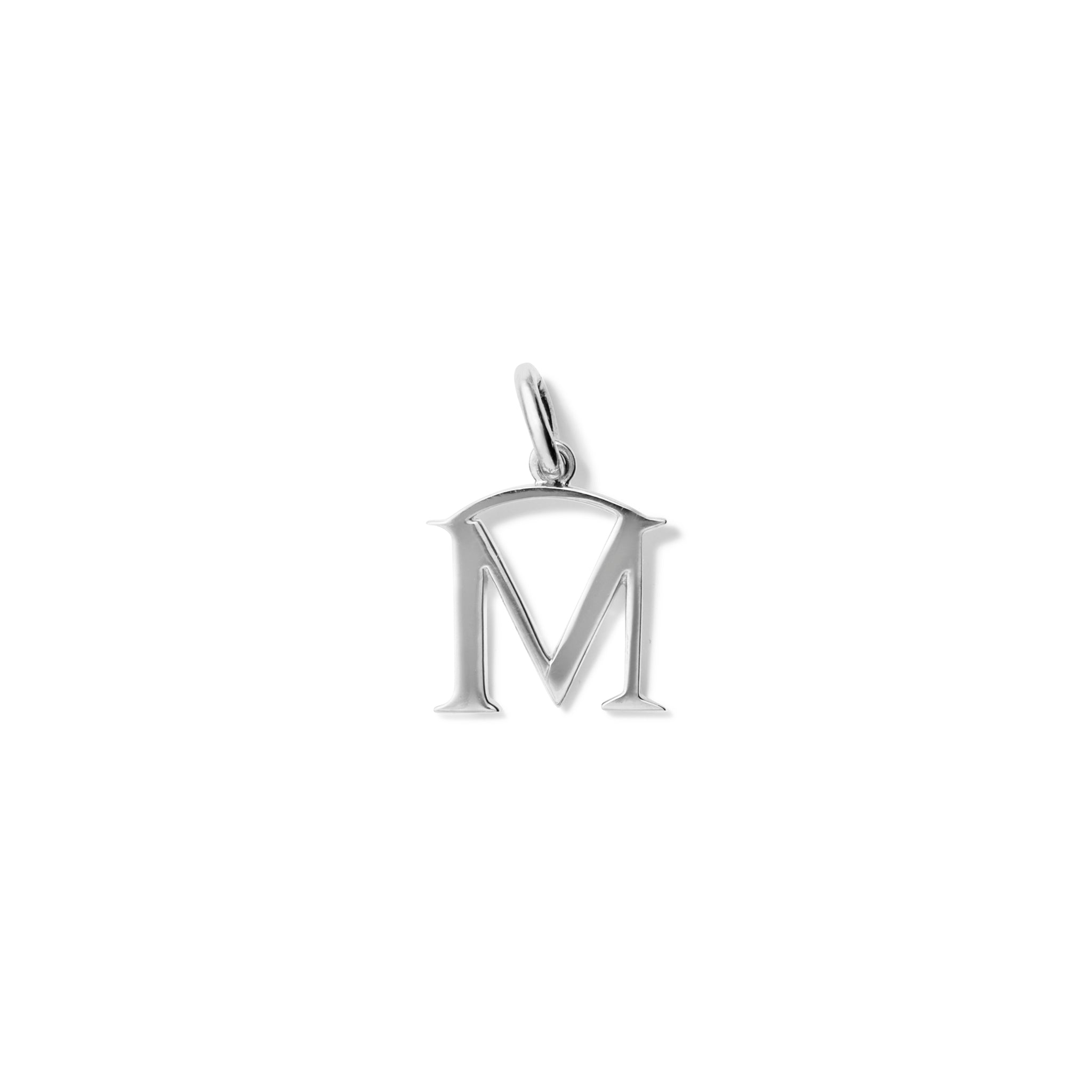 Handcrafted sterling silver initial M necklace pendant, with a loop at the top for chain attachment.