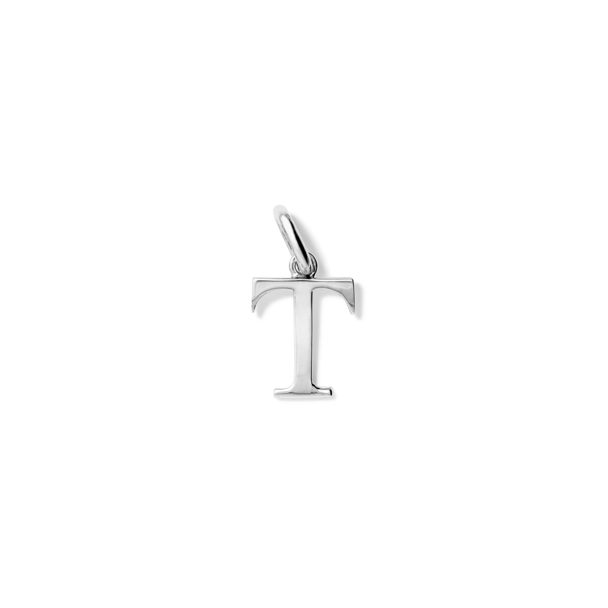 Handcrafted sterling silver initial T necklace pendant, with a loop at the top for chain attachment.