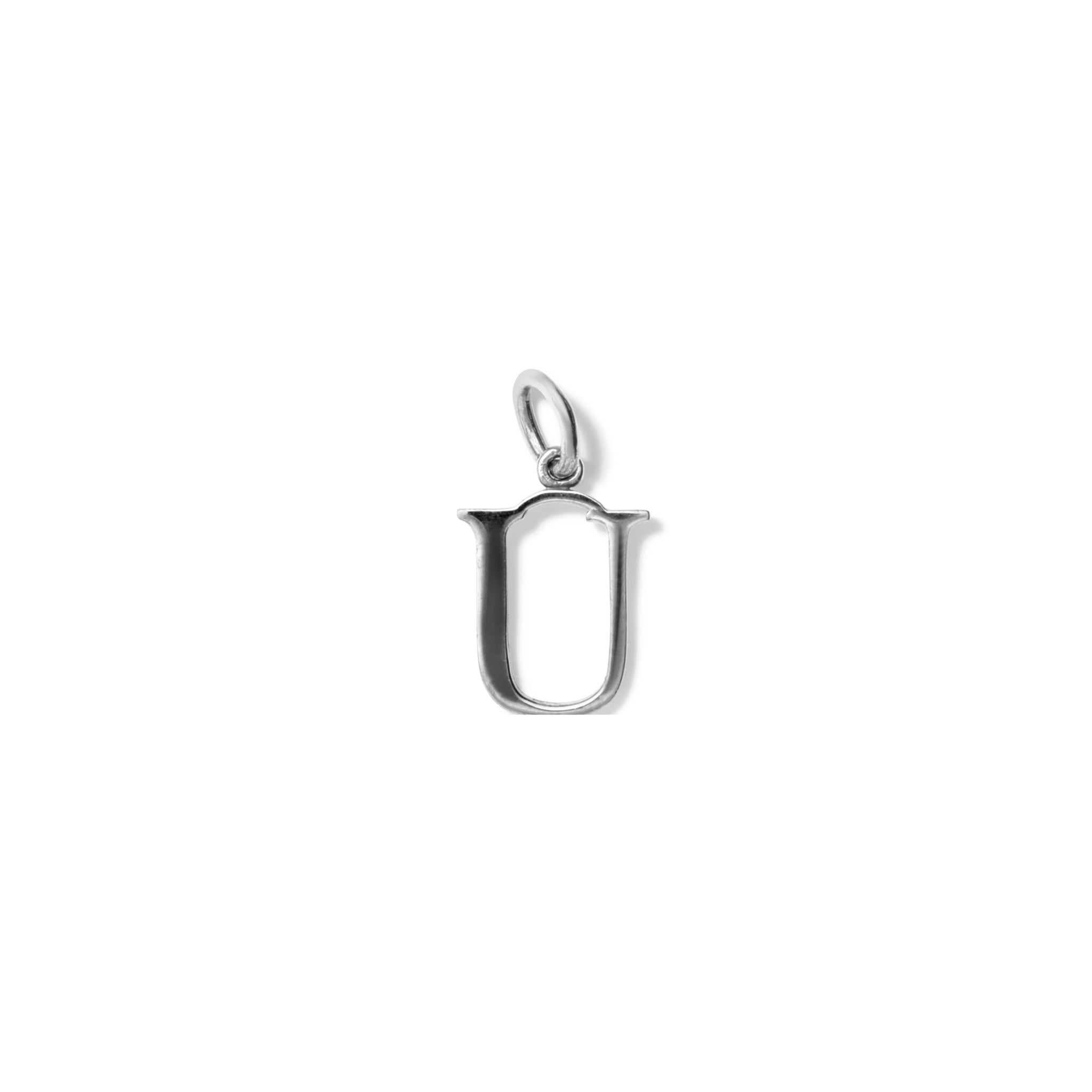 Handcrafted sterling silver initial U necklace pendant, with a loop at the top for chain attachment.