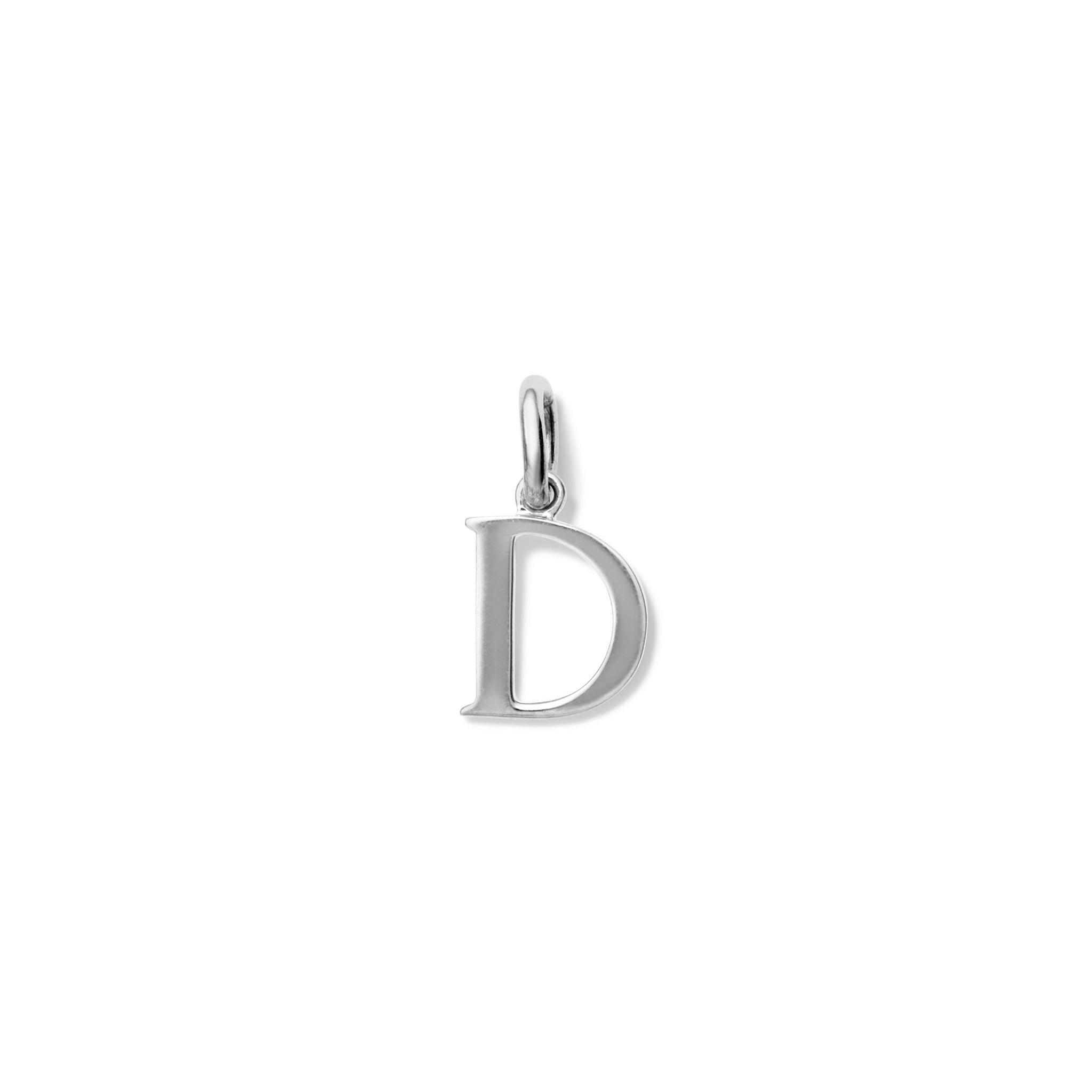 Handcrafted sterling silver initial D necklace pendant, with a loop at the top for chain attachment.
