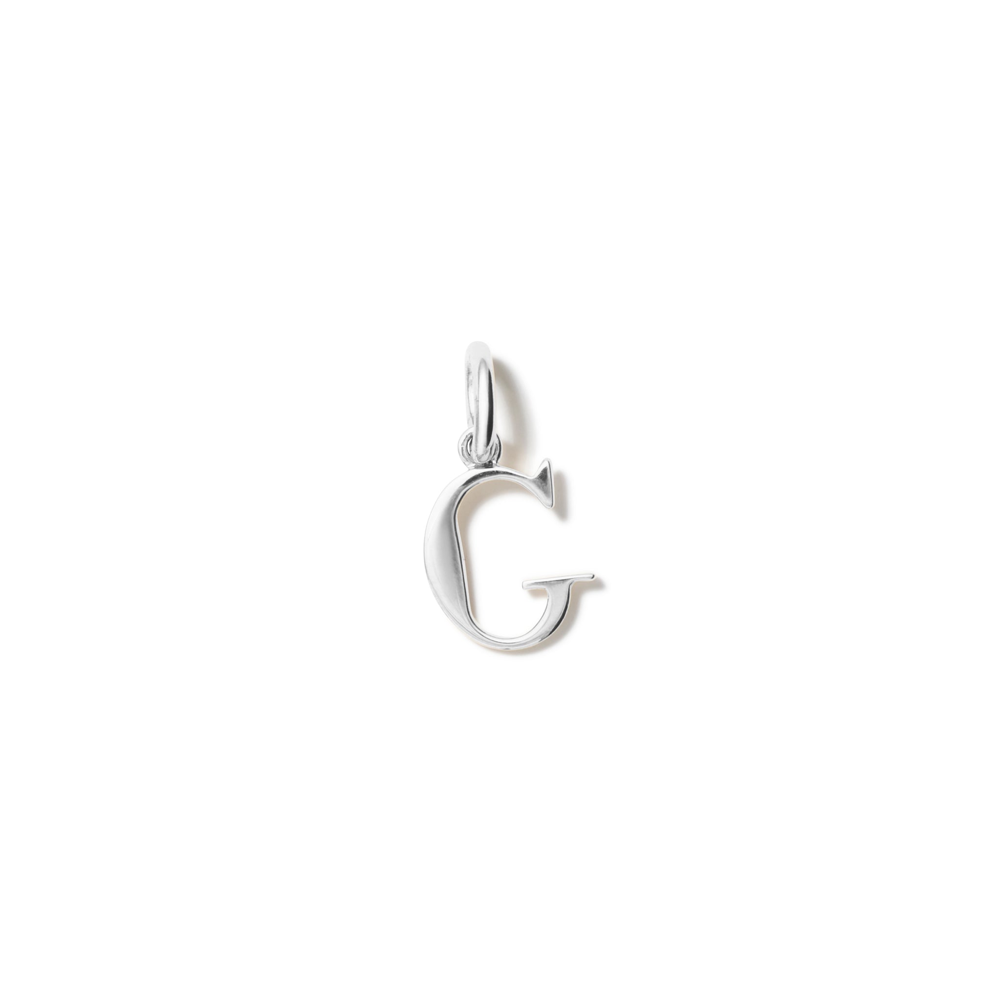 Handcrafted sterling silver initial G necklace pendant, with a loop at the top for chain attachment.