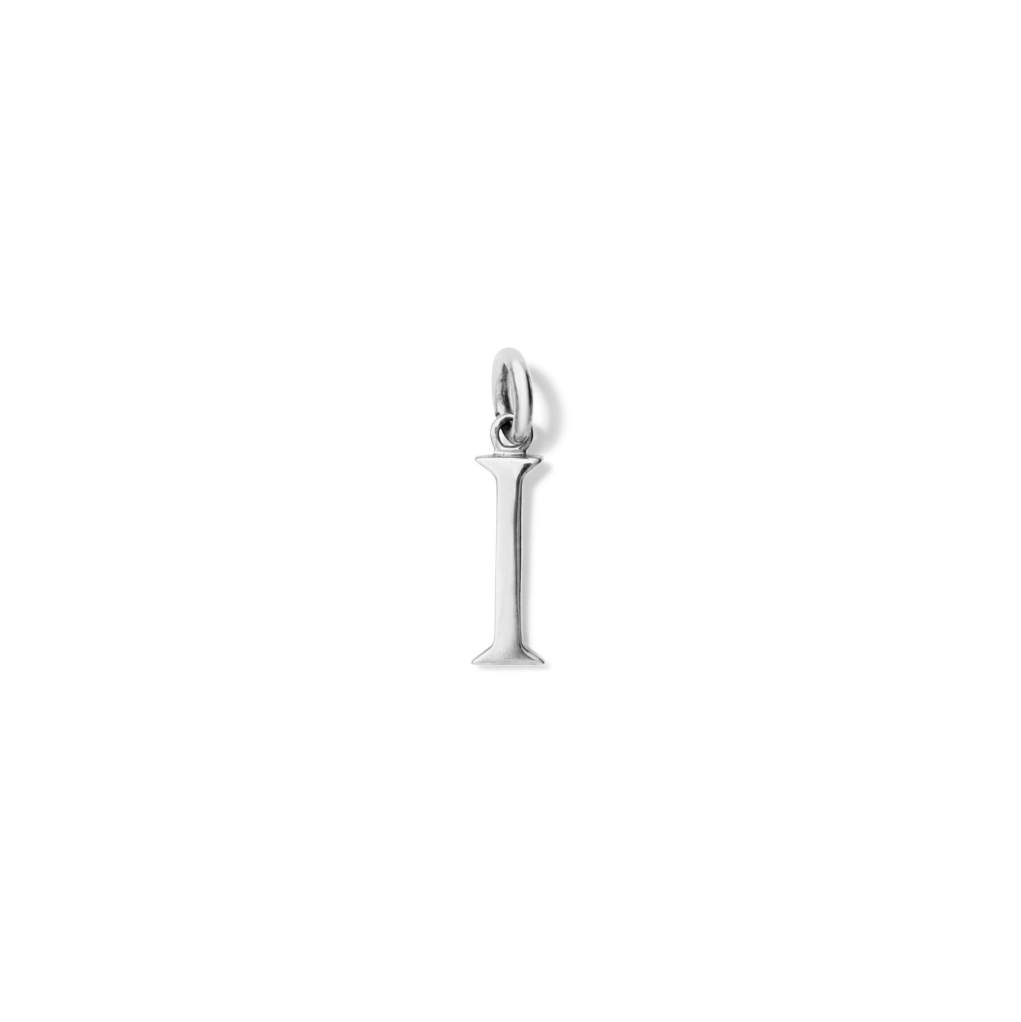 Handcrafted sterling silver initial I necklace pendant, with a loop at the top for chain attachment.