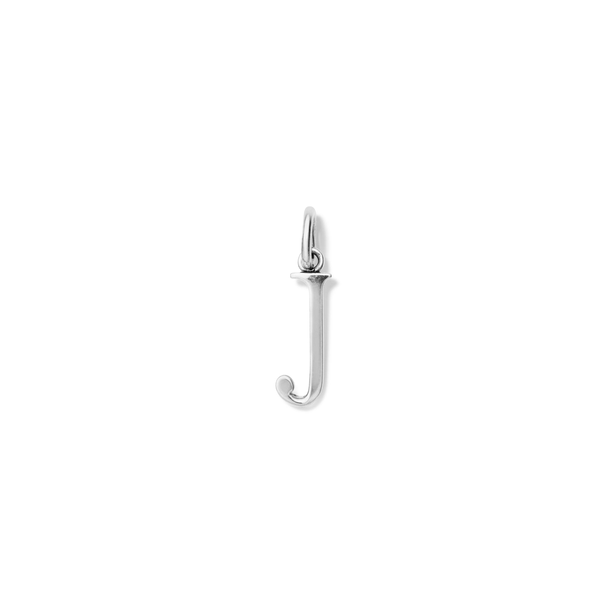 Handcrafted sterling silver initial J necklace pendant, with a loop at the top for chain attachment.