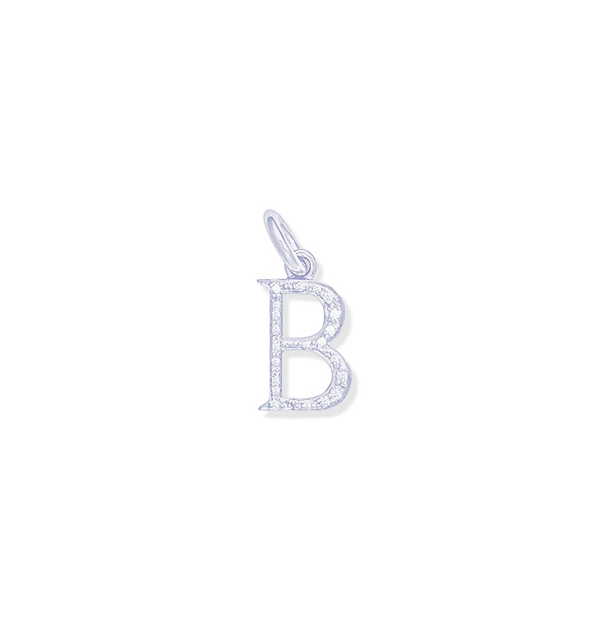 Handcrafted 18ct white gold initial B necklace pendant set with diamond pav?, with a loop at the top for chain attachment.