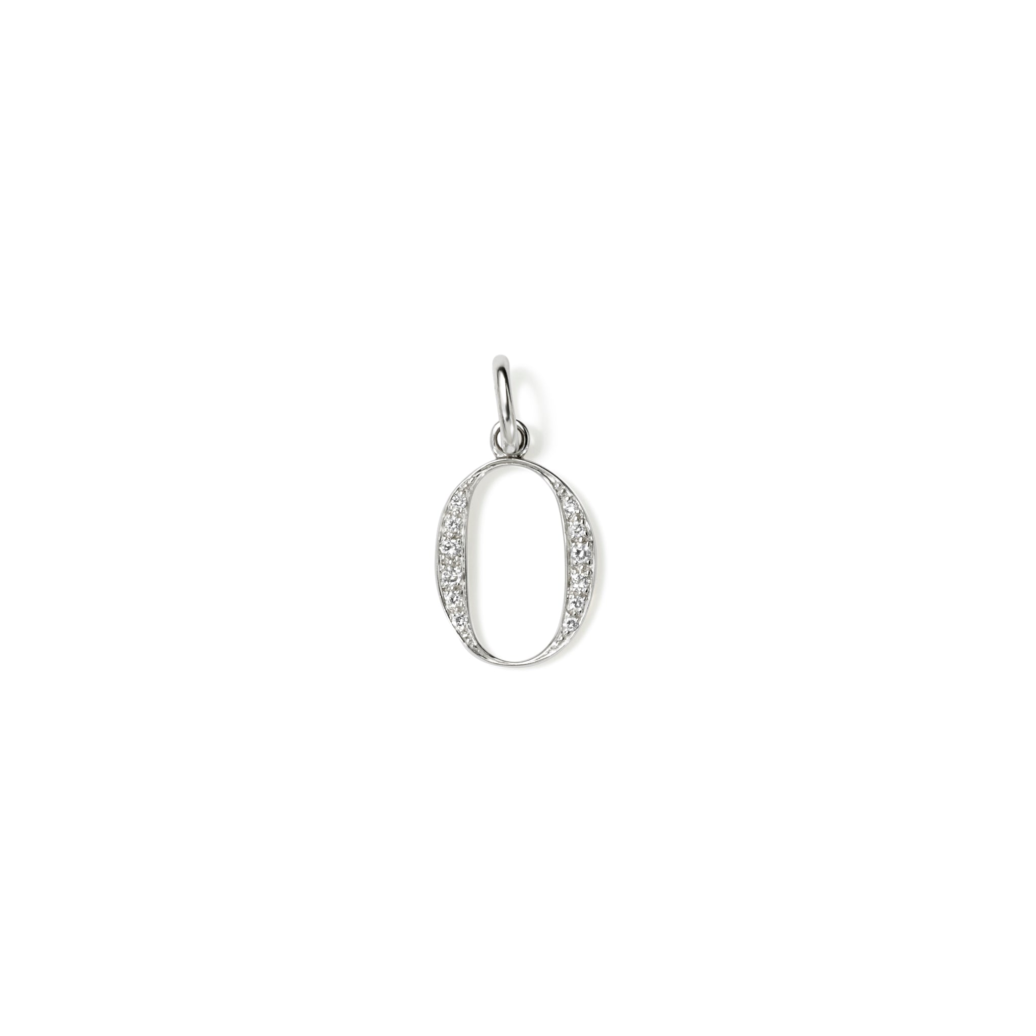 Handcrafted 18ct white gold initial O necklace pendant set with diamond pav?, with a loop at the top for chain attachment.