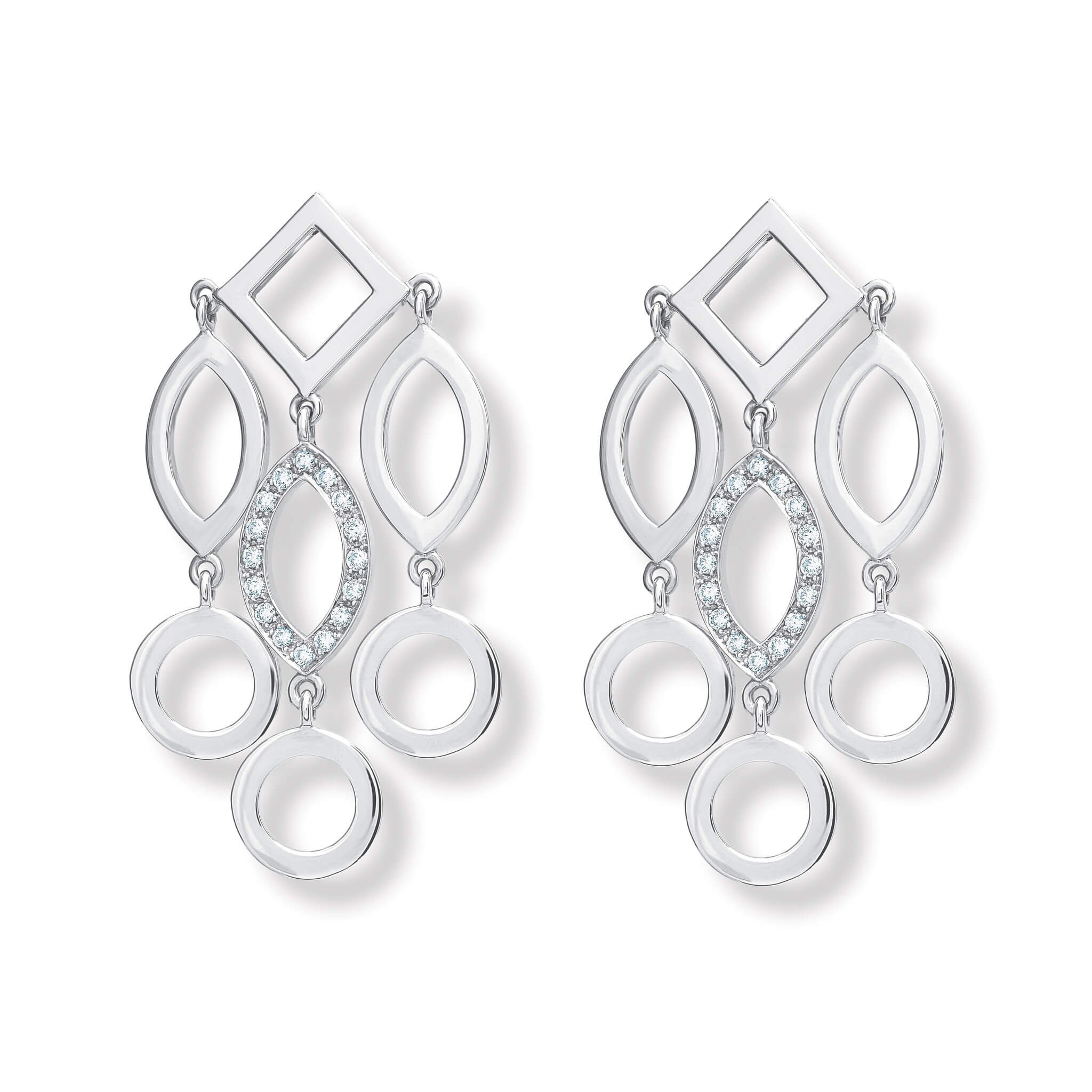 Handcrafted 9ct white gold earrings featuring circular and oval shapes with diamond pavé