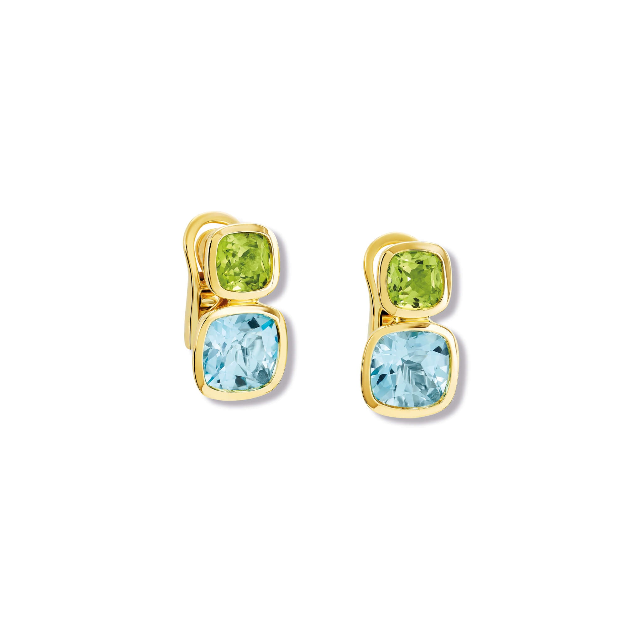 Handcrafted 18ct yellow gold square shaped earrings featuring peridot and blue topaz gemstones.